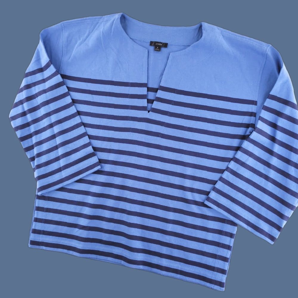 J.Crew J.CREW Sweater Womens Small Blue Stripe Pullover Flare Sleeves Oversized Slouchy V-Neck Knit Pattern: Striped Jeans Shirt? Size S / US 4 / IT 40 - 1 Thumbnail