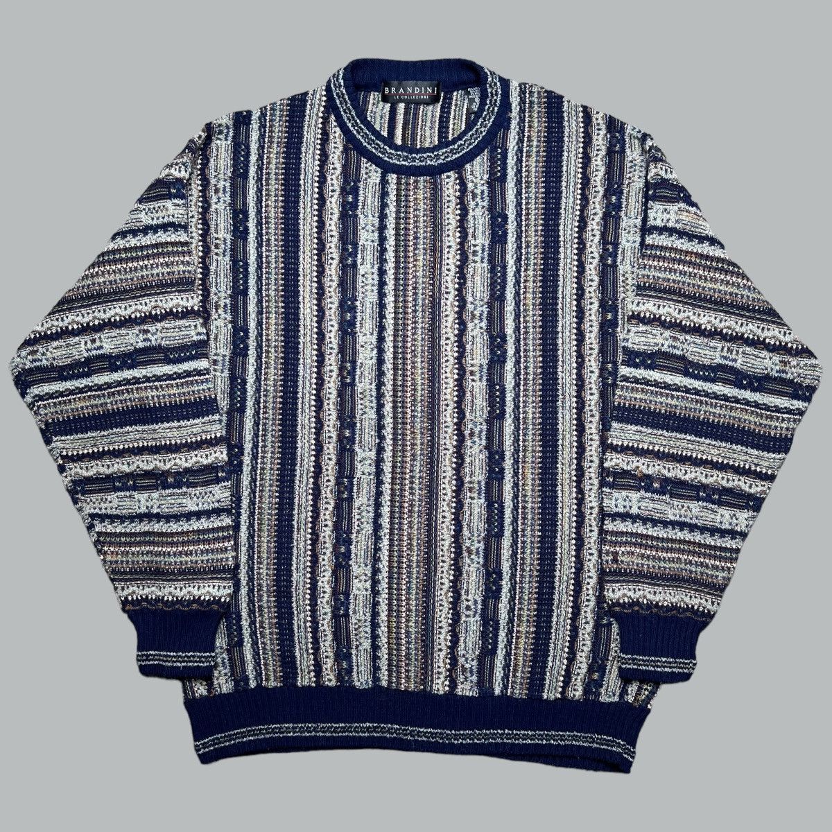 image of 90's 3D Multicolor Navy Gray Coogi Type Knit Sweater in Grey, Men's (Size XL)