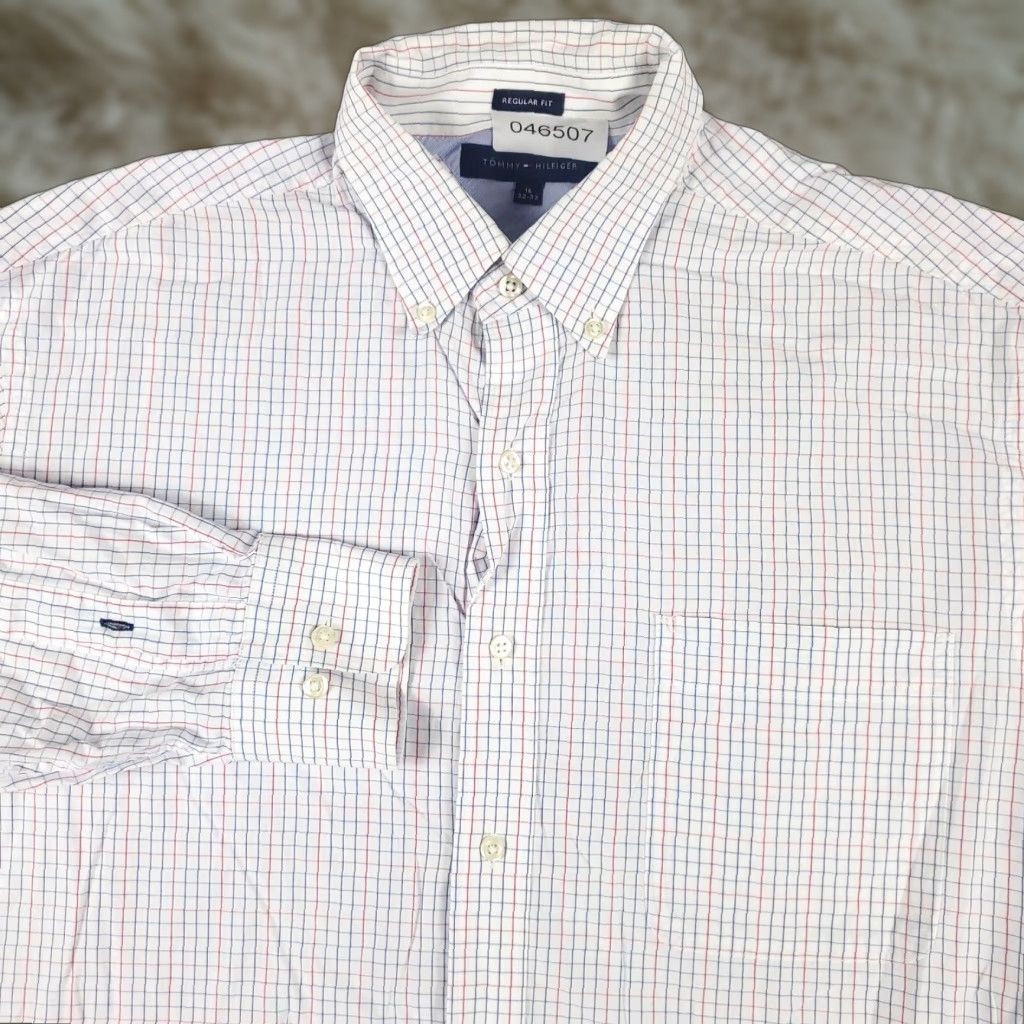 Tommy Hilfiger Tommy Hilfiger Dress Shirt Mens 16 Blue White Check Button Up Long Sleeve Regular Collar Point 100% Cotton Classic American Preppy Mens Size 42R - 1 Thumbnail