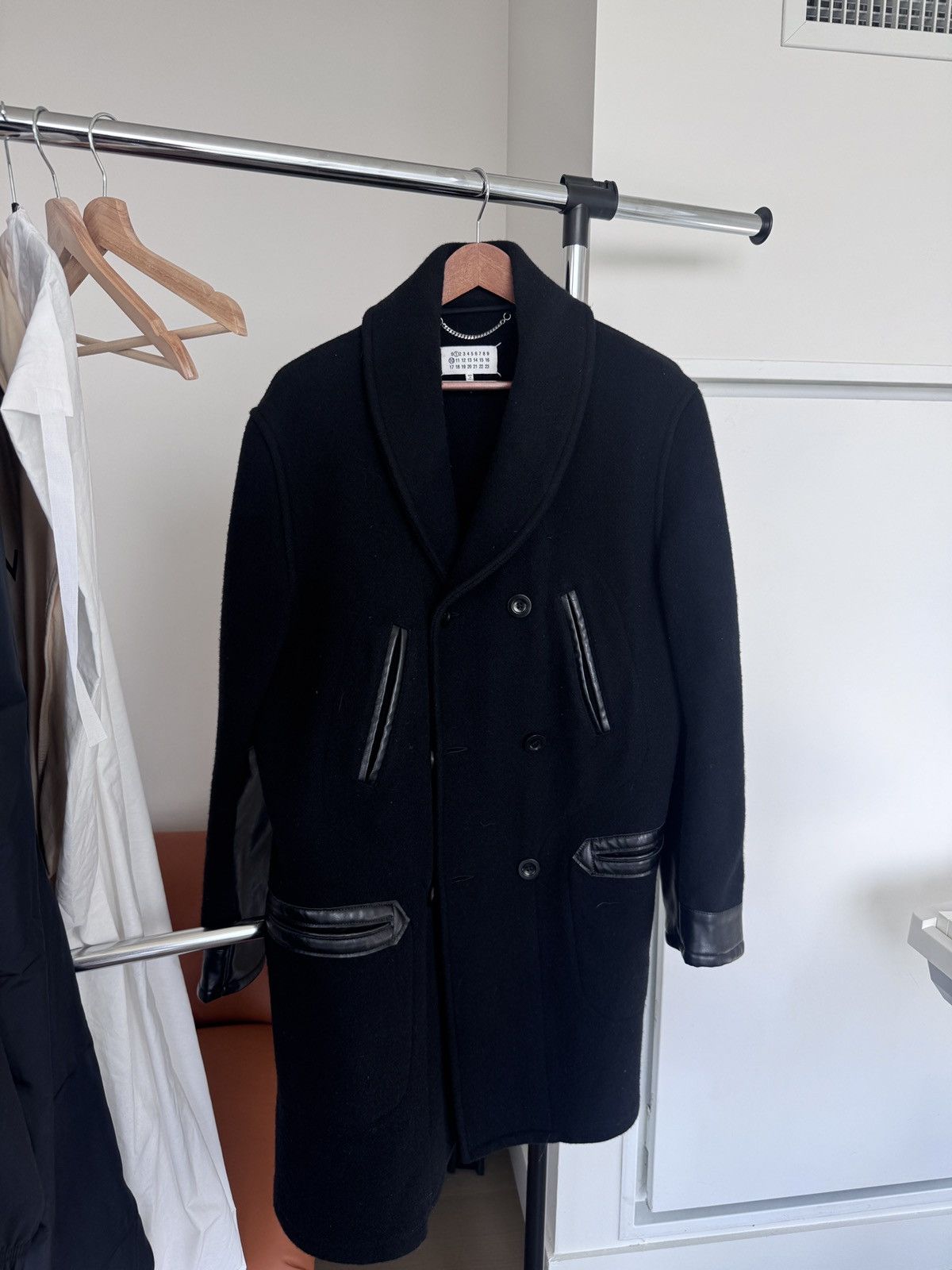 Maison Margiela Wool Coat with Leather Trim