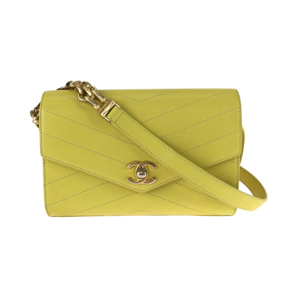 Chanel Chanel Chevron Stitch Calf 2Way Chain Bag 2693 Leather Shoulder Bag in Yellow, Women's