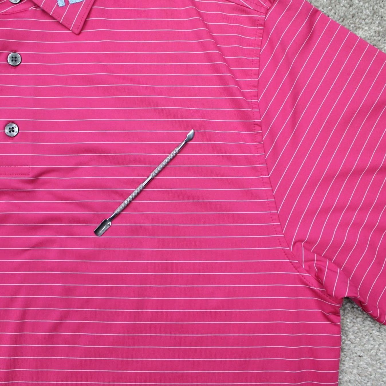 Footjoy FootJoy Polo Shirt Mens Large Pink/White Striped Polyester Stretch S/S Golf Size US L / EU 52-54 / 3 - 6 Thumbnail