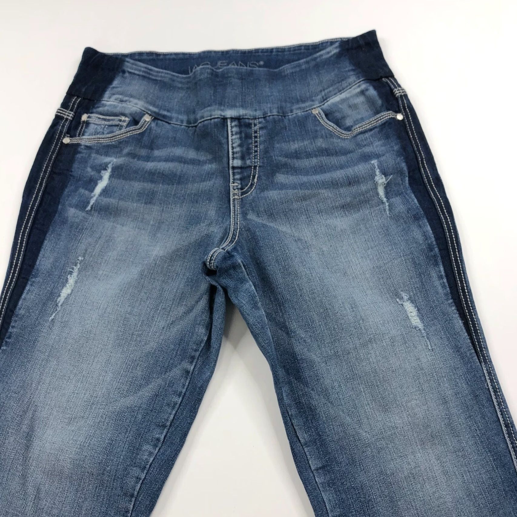 AG Jeans Jag Jeans Jeans Skinny 10 32 in 26 in Mid Rise Pull On Distressed Denim 5-Pocket Womens Clothing Jeans Blue Regular Size 10 Medium Wash Size 24" / US 00 / IT 34 - 4 Thumbnail
