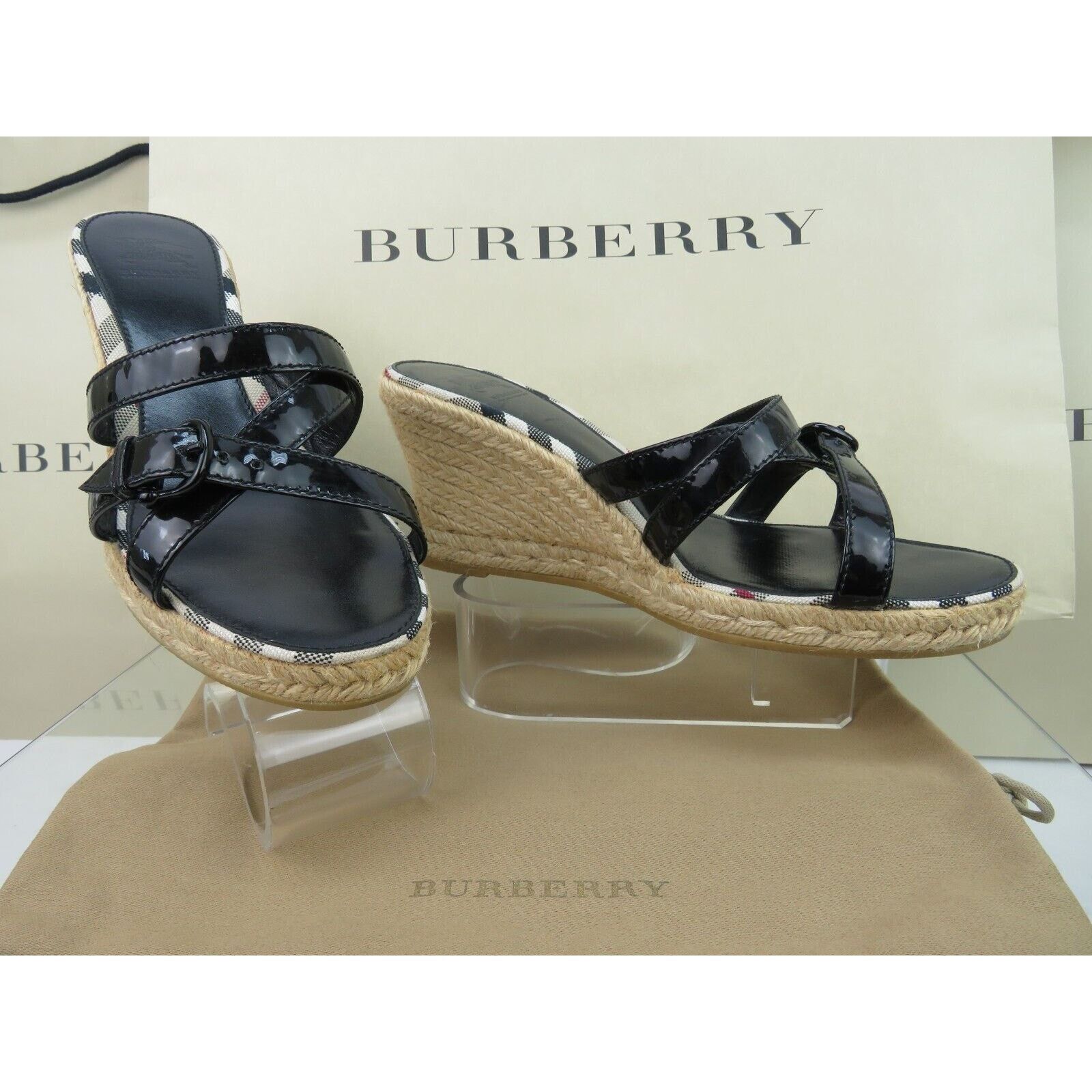 Burberry BURBERRY BLACK PATENT LEATHER CHECK ESPADRILLE SANDALS 40 Size US 10 / IT 40 - 7 Thumbnail