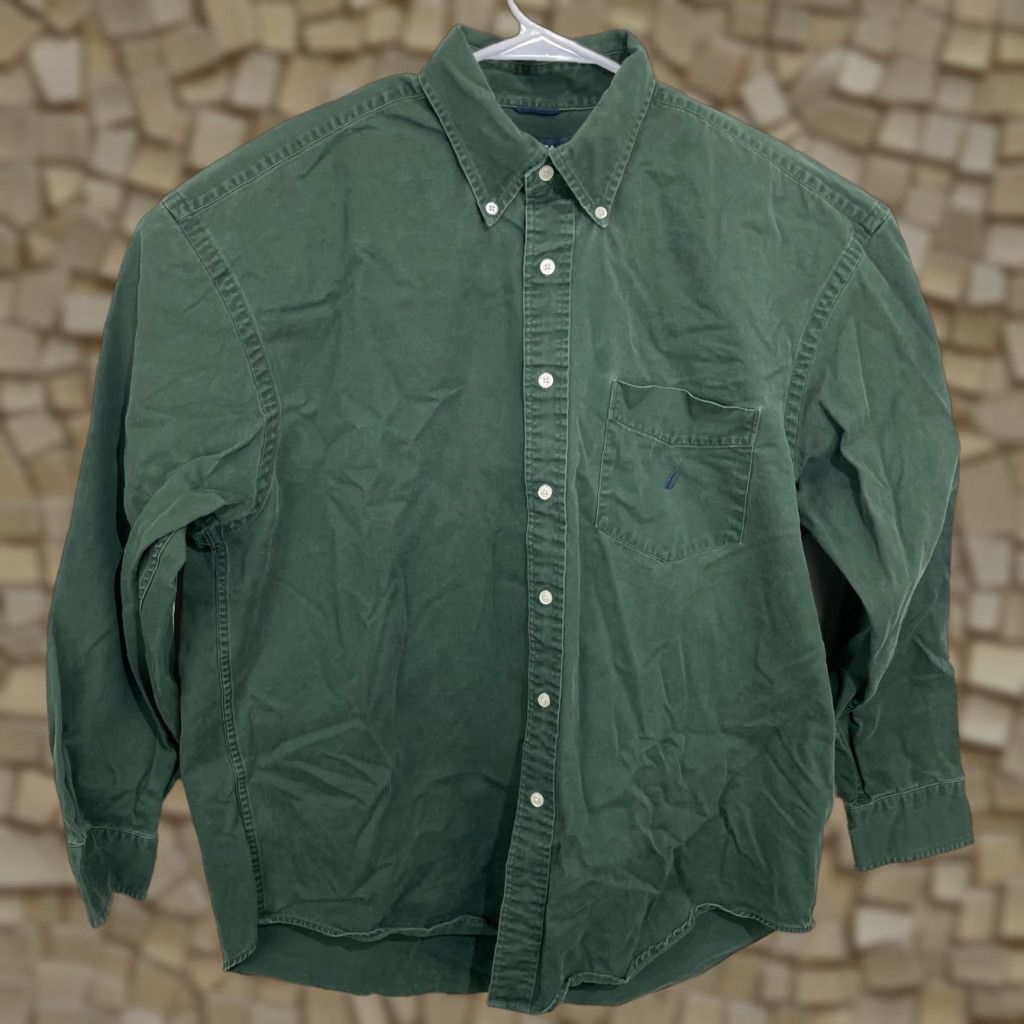 Nautica Nautica Long Sleeve Button Down Dress Shirt XL Extra Large Green Thick Heavy Men Cotton Button-Up Shirt with Pockets" Size 46R - 1 Thumbnail