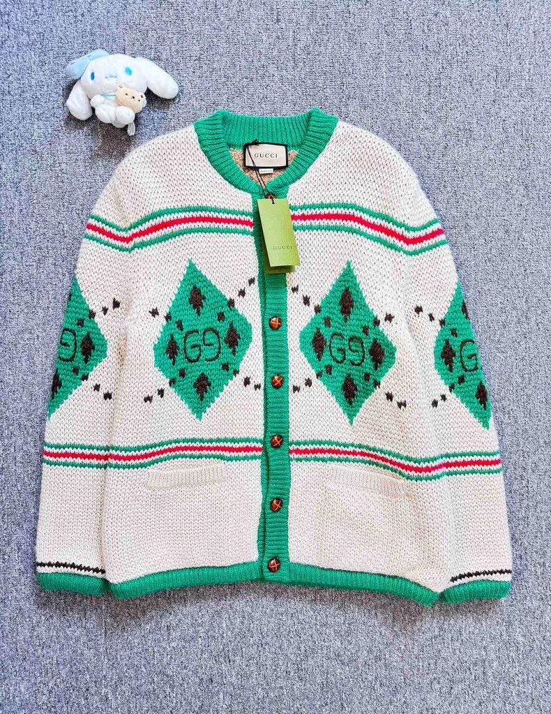 Gucci GucciWhite and green diamond pattern GG knitted thick plush Size US M / EU 48-50 / 2 - 1 Thumbnail