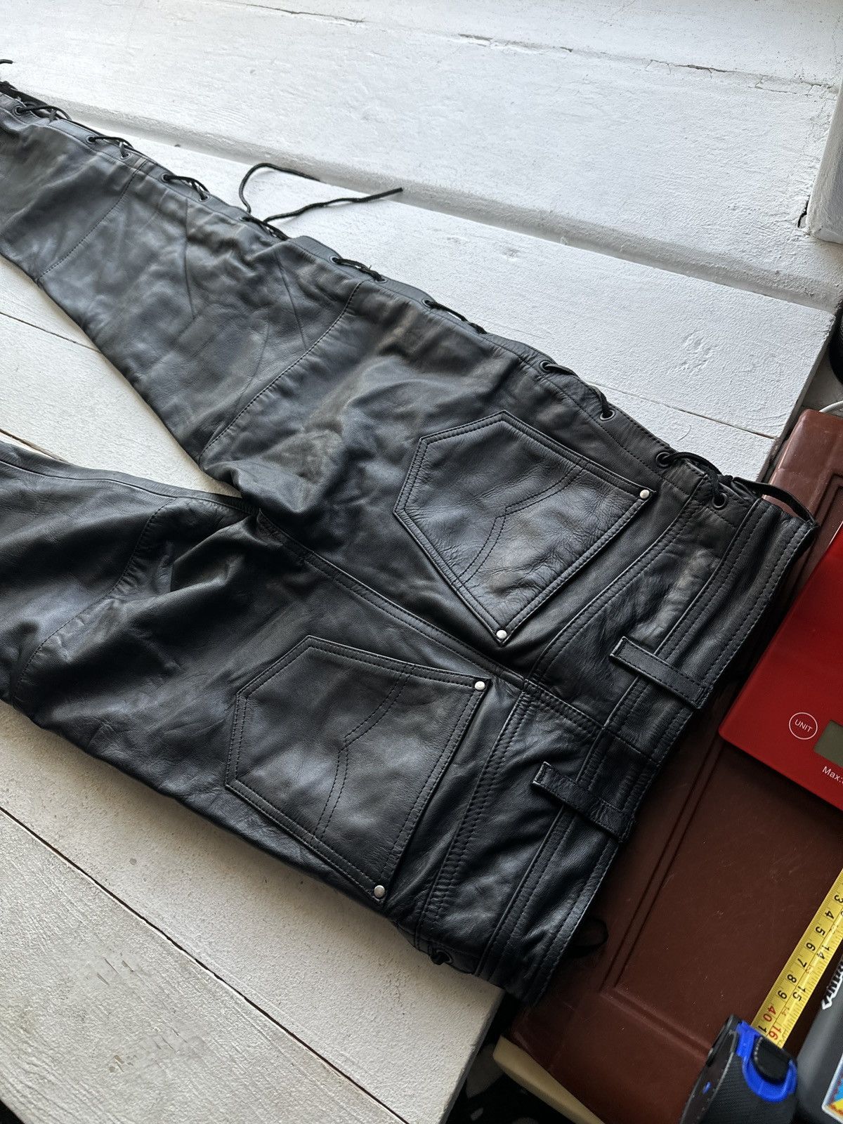 Leather 🚨GRAIL LEATHER PANTS RACING VNTG Cowboy Biker Leather Pants Size US 27 - 11 Thumbnail
