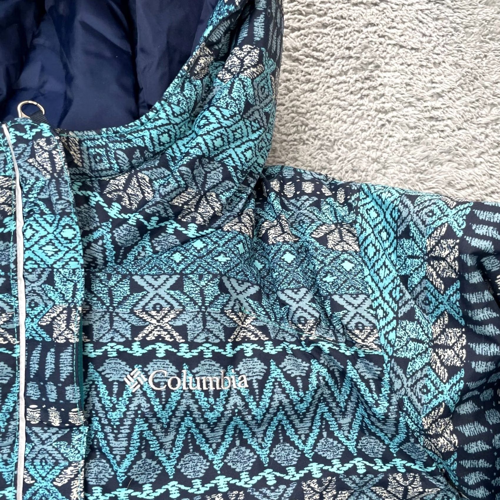 Vintage Columbia Girls Large Blue Geometric Aztec Puffer Jacket Hooded Full Zip Coat Size L / US 10 / IT 46 - 3 Thumbnail