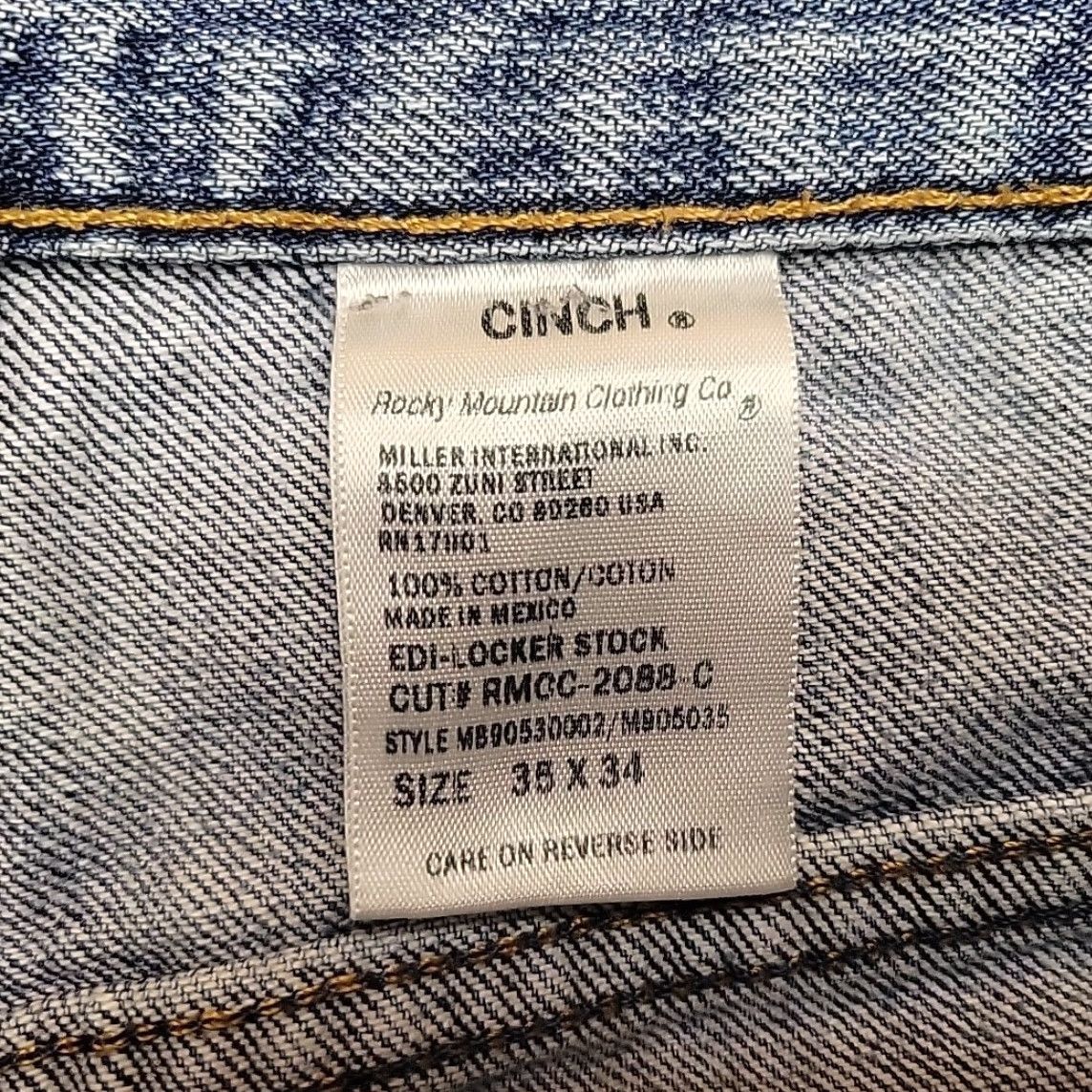 Denime Cinch Jeans Men 35x34 Blue Distressed Denim Green Label Western Cowboy Rodeo Jeans Mens Size US 35 - 7 Thumbnail