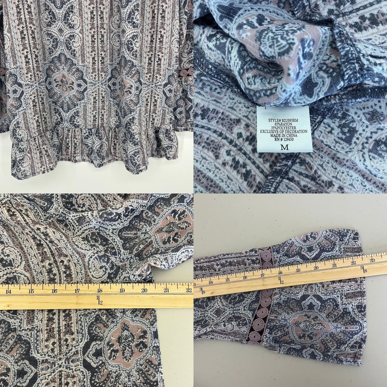 FRED Fred David Womens Blouse Paisley Medallion Bell Sleeve Multicolor M Bohemian Casual Lightweight Rayon Polyester Pullover Crew Neck Shirt Size M / US 6-8 / IT 42-44 - 8 Thumbnail