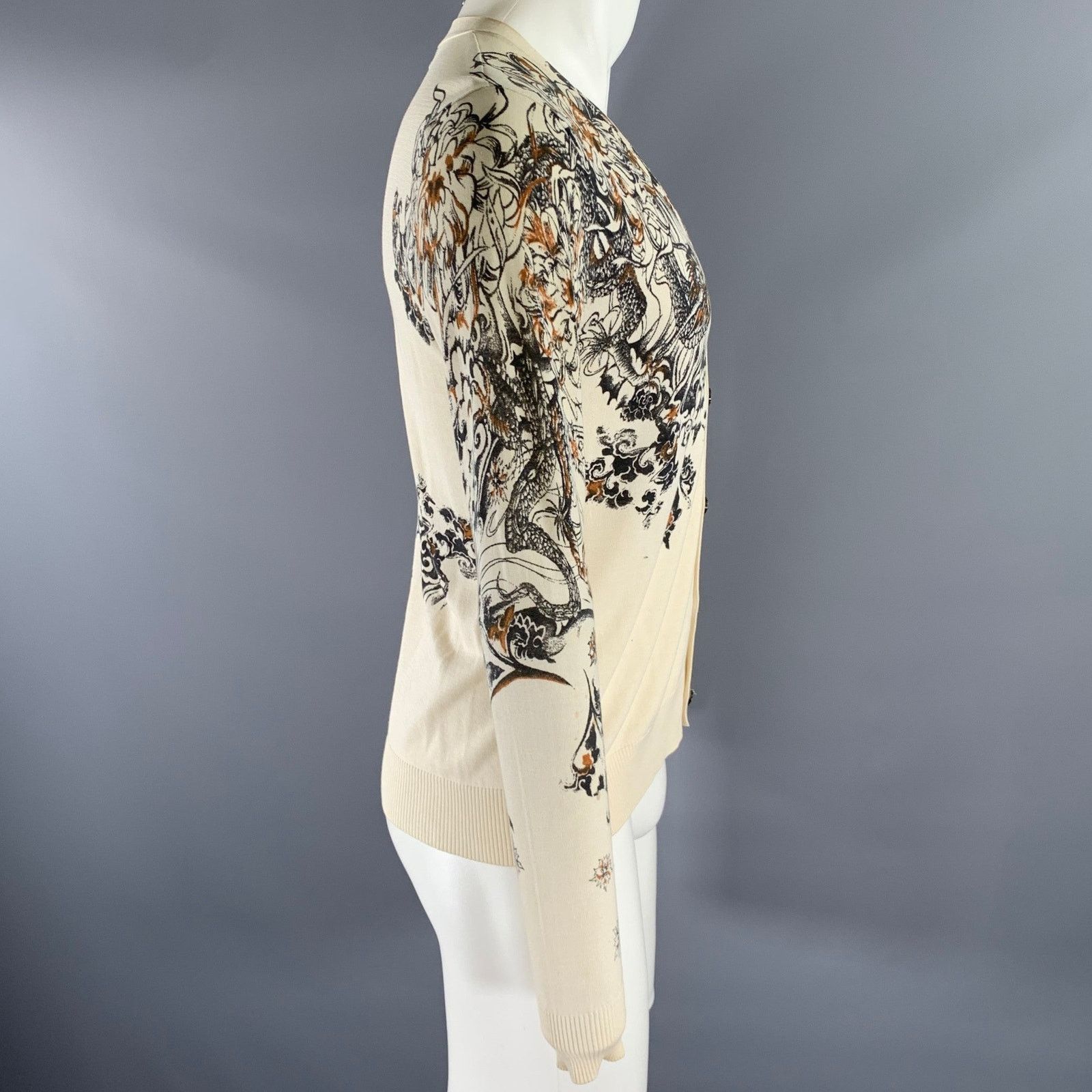 John Richmond JOHN RICHMOND S Cream Tan Dragon Print Cotton Silk Cardigan Size US S / EU 44-46 / 1 - 3 Thumbnail