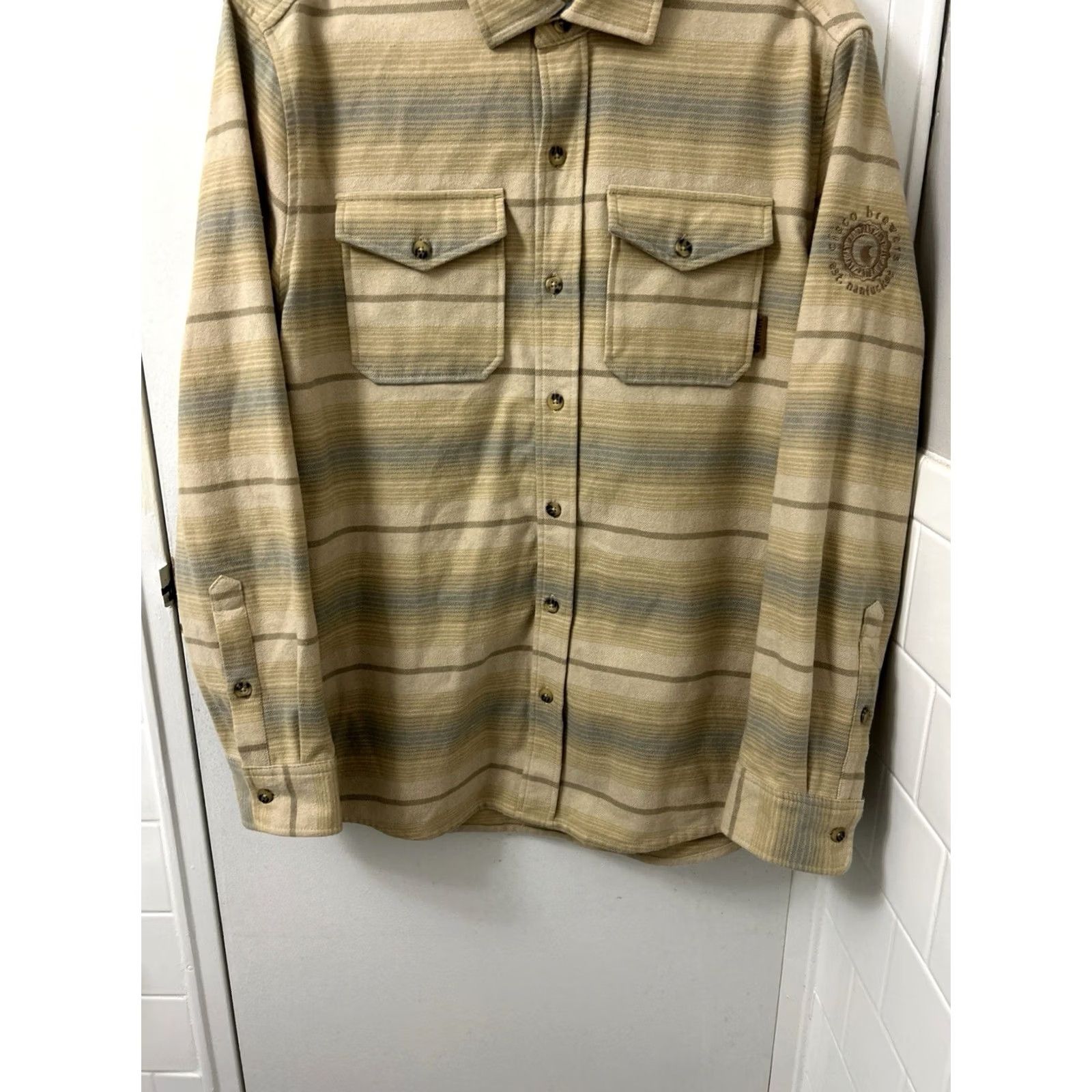 Vintage Levitate Shirt Mens M Tan Blue Striped Flannel Button-Down L/S Organic Cotton Recycled Polyester Embroidered Pockets Casual Workwear Vintage No Size US M / EU 48-50 / 2 - 3 Thumbnail
