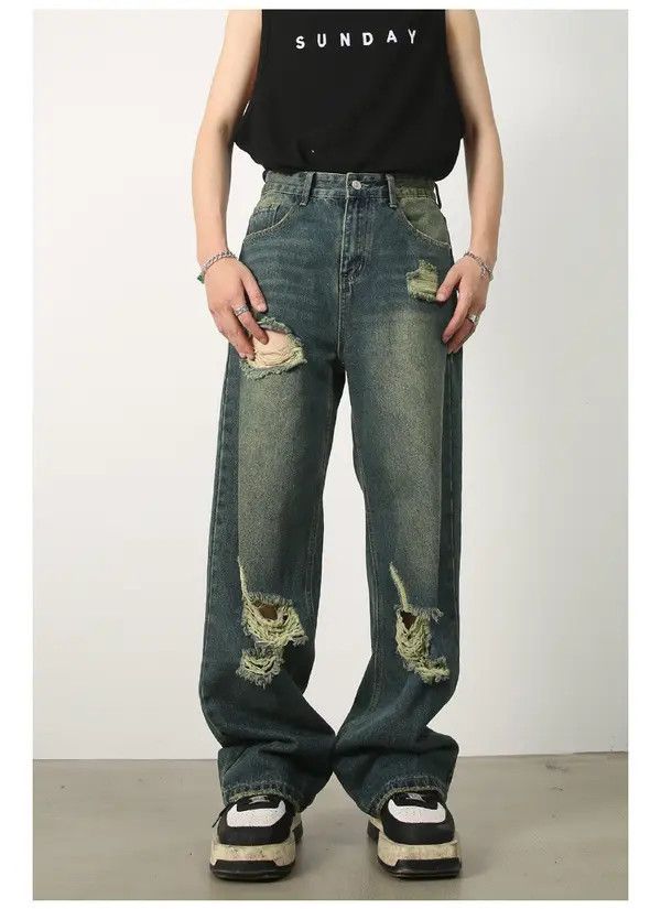 VIBE Japanese retro wide-leg loose straight-leg ripped jeans Size US 32 / EU 48 - 2 Thumbnail
