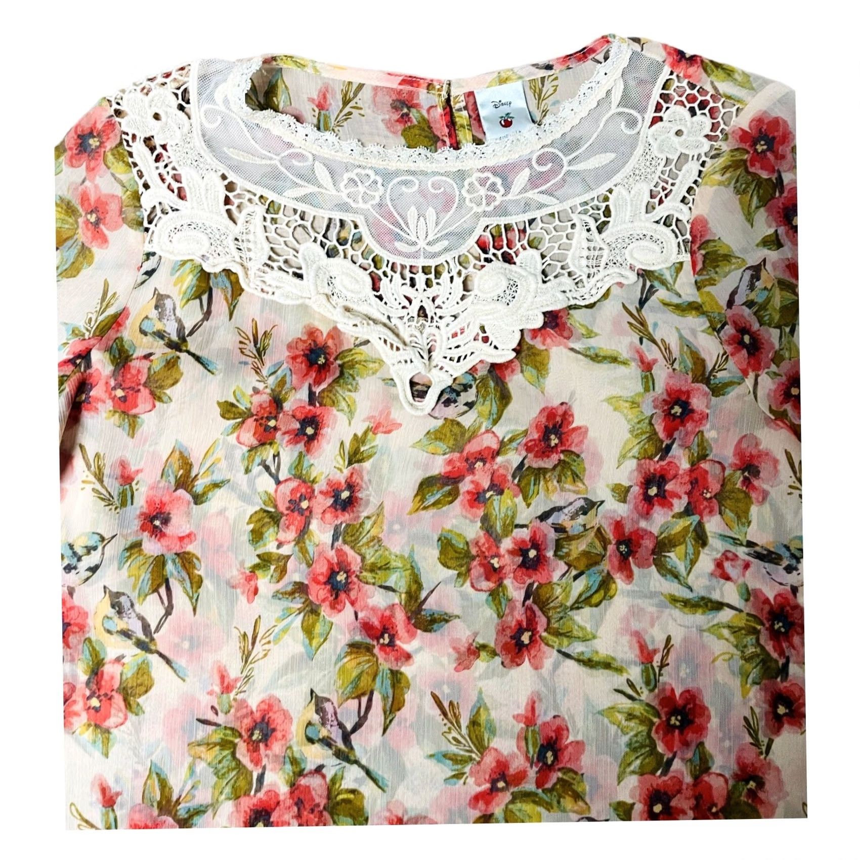 Disney Disney LC Collection Snow White Blouse Womens Small Floral Pink Long Sleeve Balloon Fringe Multicolor Polyester Blend Round Neck Regular Shirt Size S / US 4 / IT 40 - 5 Thumbnail