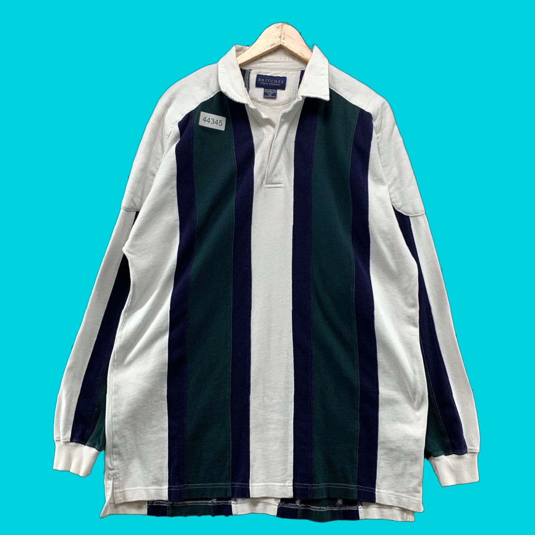 VINTAGE Britches Rugby Polo Shirt Mens 2XL Striped White Green Blue Casual Knit Cotton Polo Shirt Mens 2XL Multicolor 90s Rugby Theme Mens