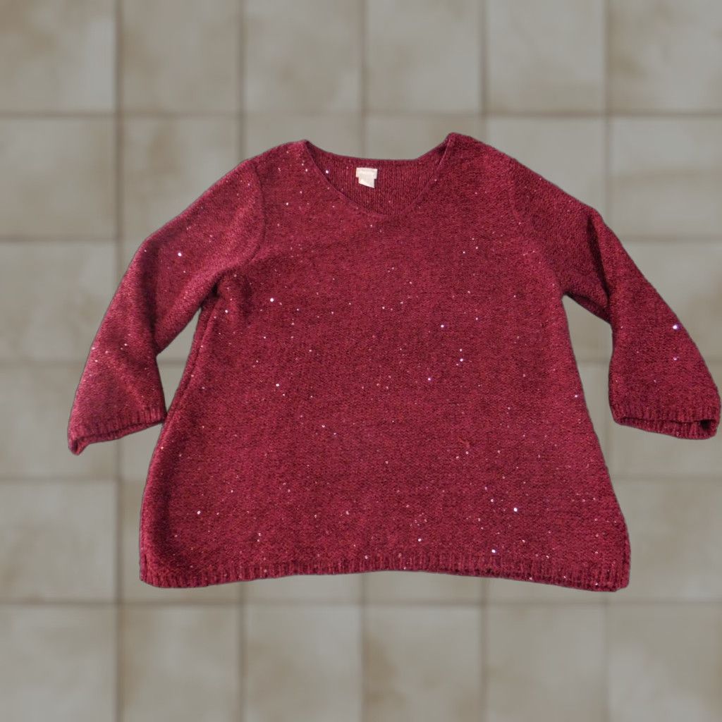Vintage Chicos Sweater Womens 3 Red Burgundy Sequin Knit V-Neck Pullover Metallic Size XS / US 0-2 / IT 36-38 - 1 Thumbnail