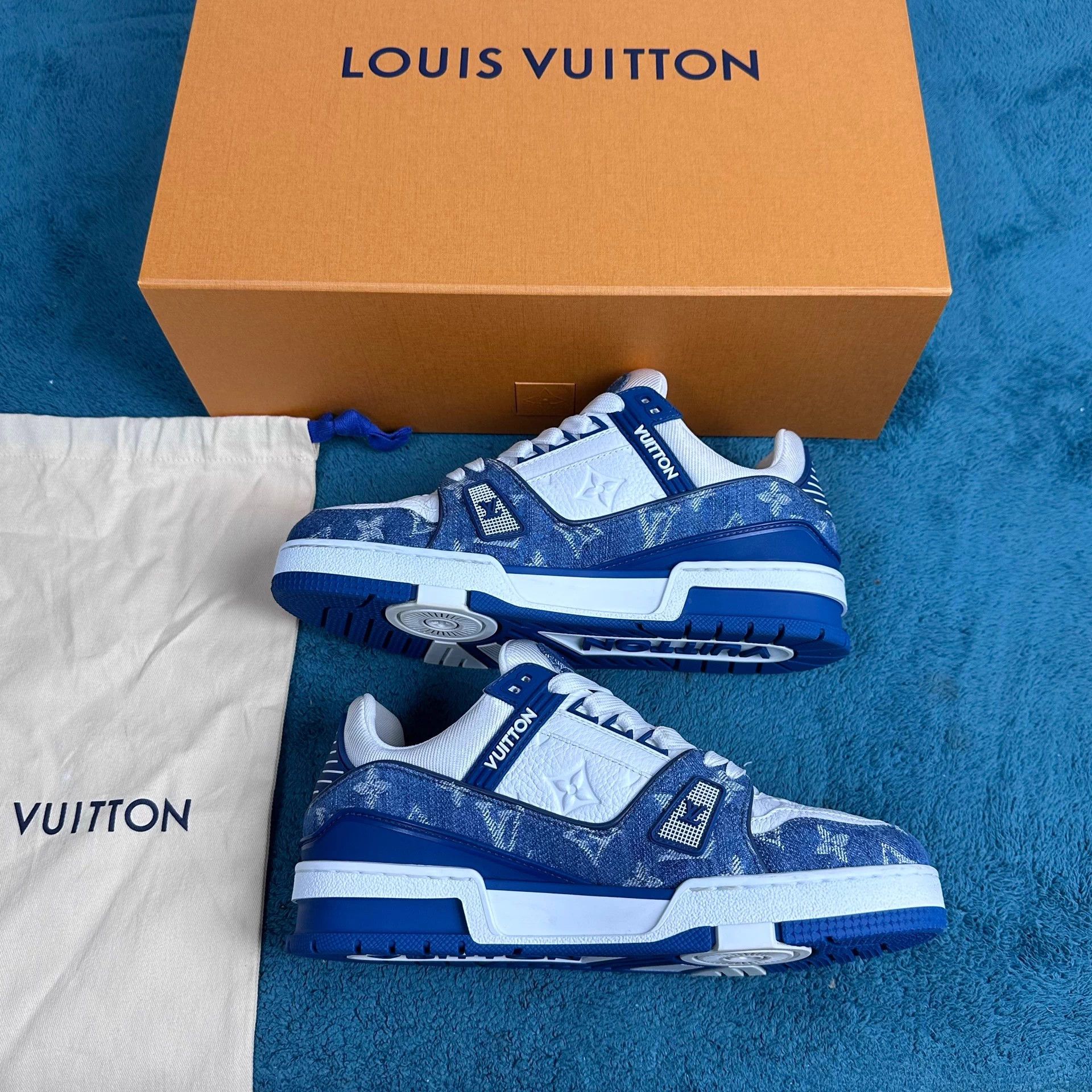 Louis Vuitton LV Trainer White Blue All Over Print Denim Size US 7 / IT 37 - 3 Thumbnail