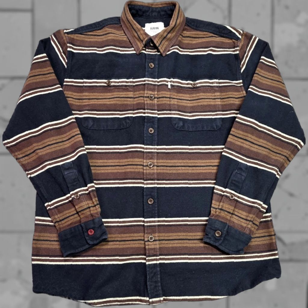 Katin Katin Shirt Mens S Flannel Stripe Button Up Workshirt Brown Blue Size US S / EU 44-46 / 1 - 1 Thumbnail