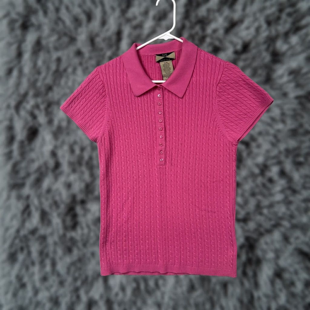 Vintage 525 America Sweater Pink Short Sleeve Cable-Knit Polo Collared Pullover XL Womens Slim Fit Light Knit Preppy Spring Coquette 90s Y2K Inspired Size XL / US 12-14 / IT 48-50 - 1 Thumbnail