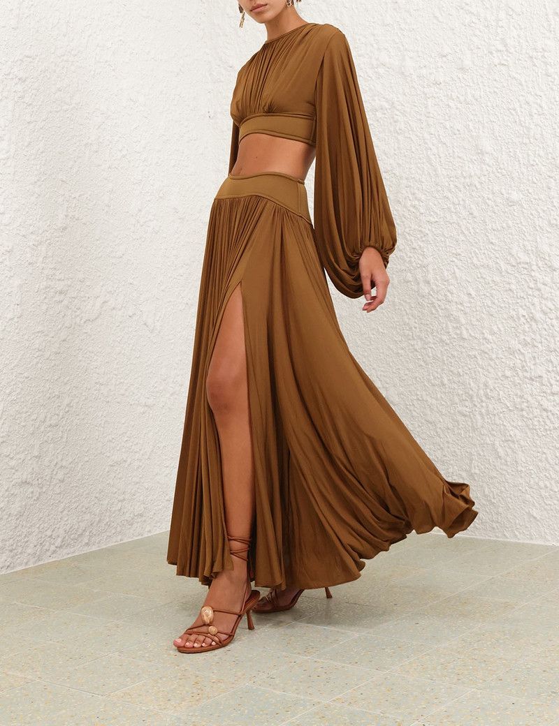 Zimmermann oc11z0226 Illuminate Gathered Maxi Skirt in Khaki Size 28" / US 6 / IT 42 - 8 Thumbnail