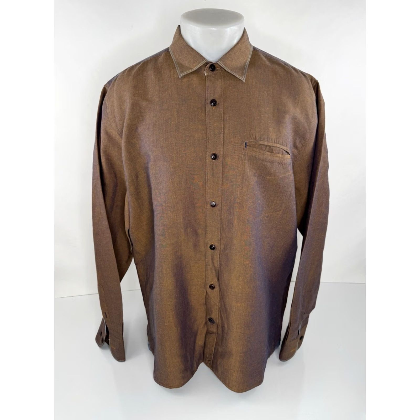 Vintage 32 BAR BLUES LINEN METALLIC COUBLO/BRONZE MEN XL Shirt - Excellent Mens - - Cotton Button-Up Size US XL / EU 56 / 4 - 2 Thumbnail