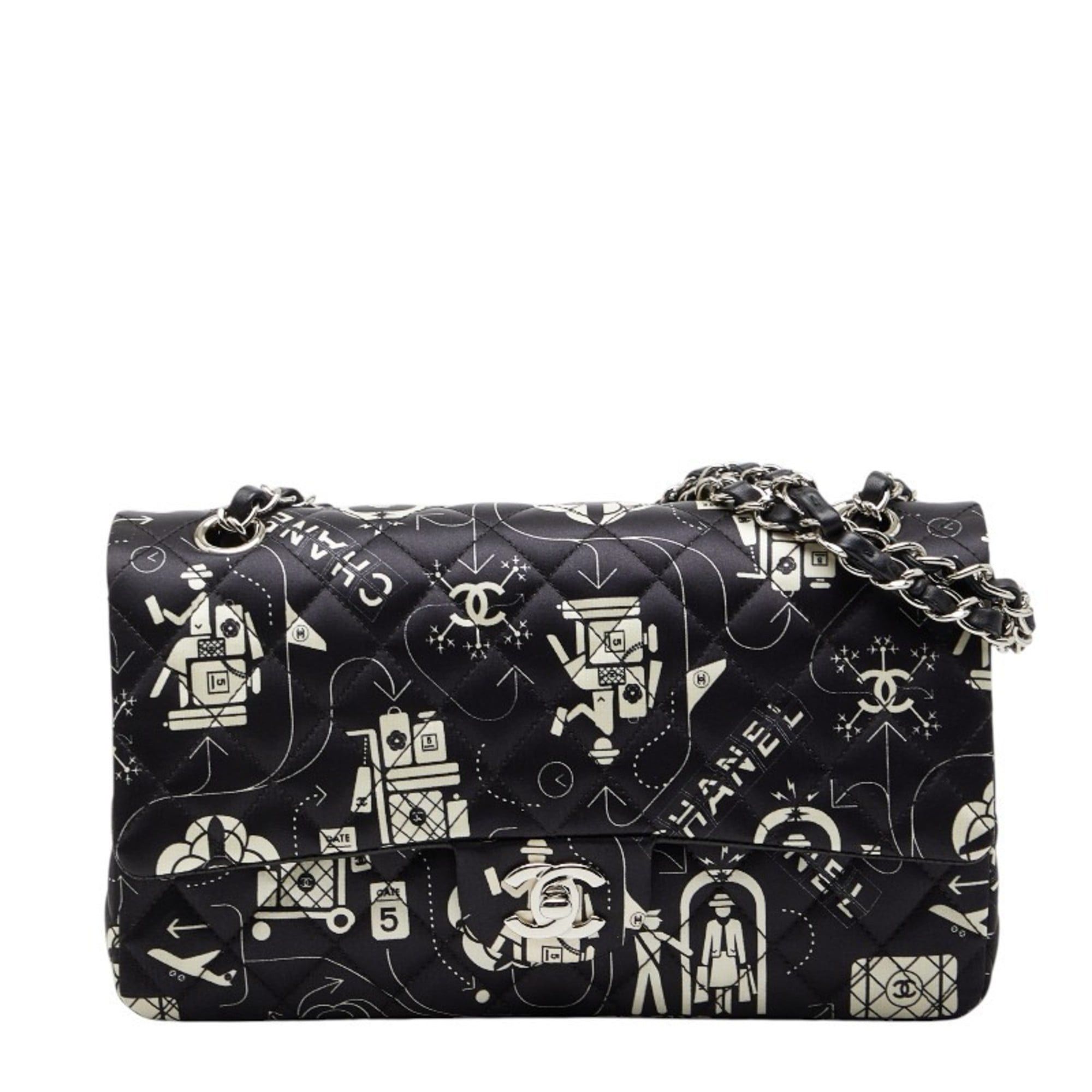 Chanel CHANEL Airline Matelasse 25 Double Flap Chain Shoulder Bag in Black, White, Satin, and Leather. Women's. Size ONE SIZE - 1 Thumbnail