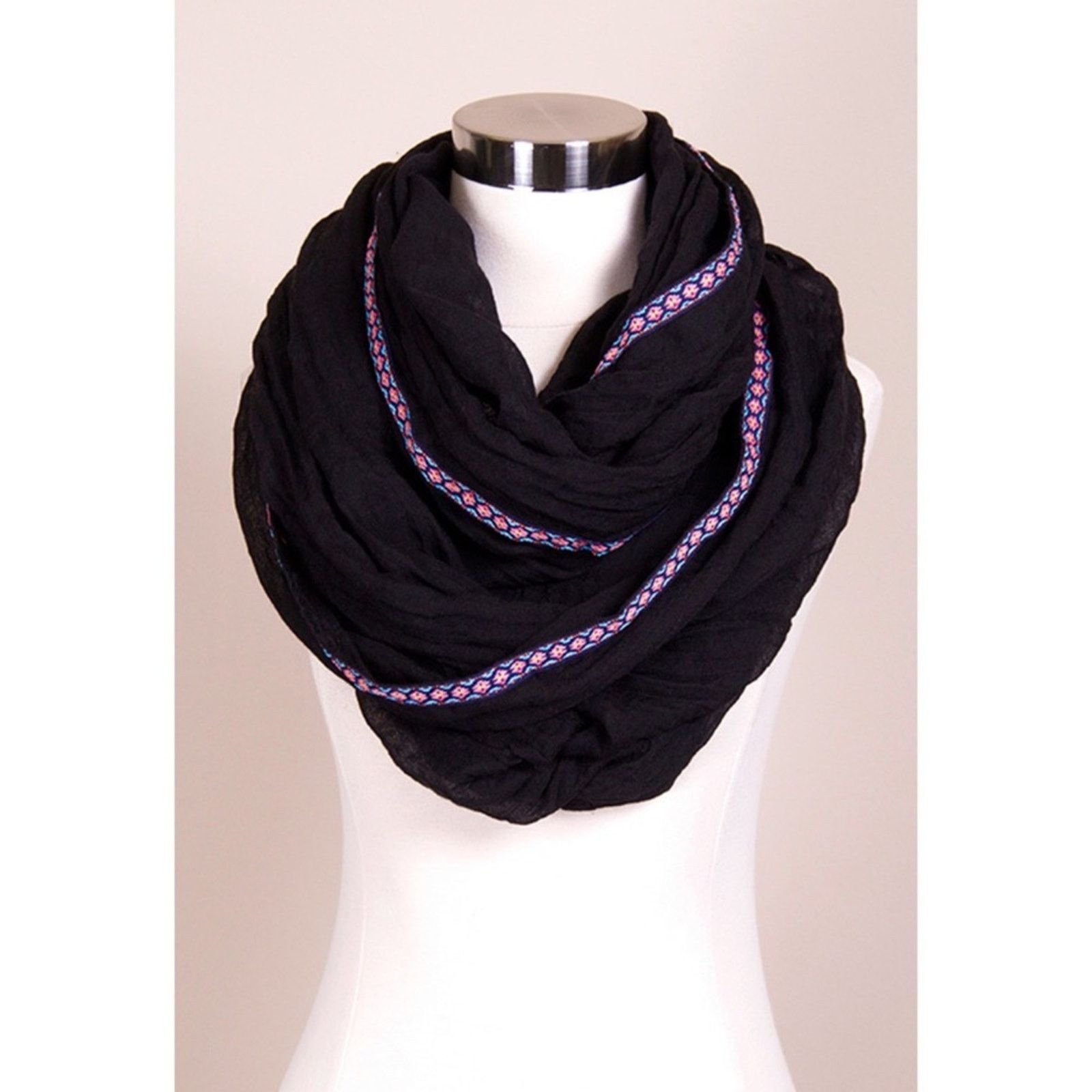 Other NEW Boutique Solid Black Pink Aztec Trim Cowl Infinity Scarf Size ONE SIZE - 1 Thumbnail