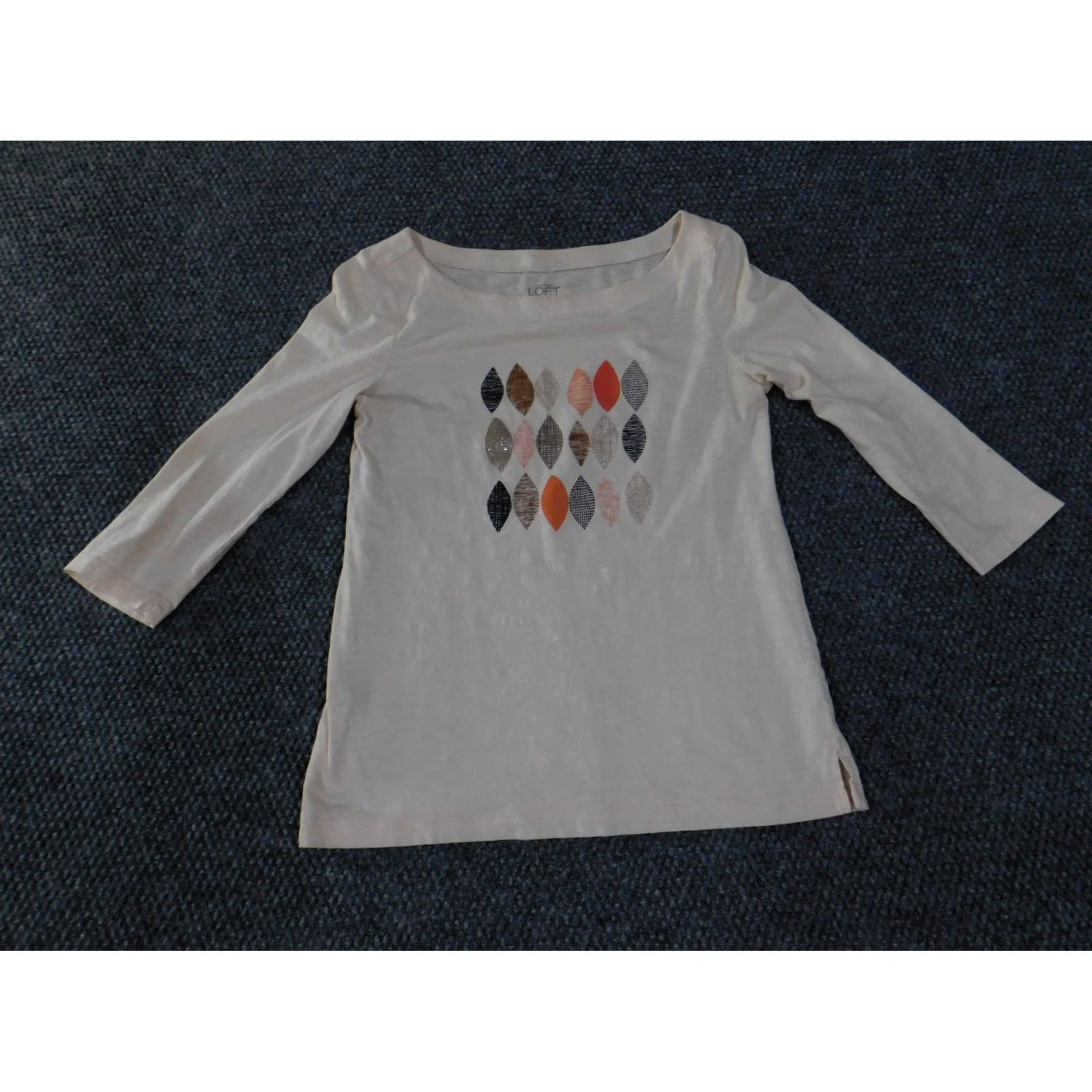 Loft LOFT Shirt Womens 2XS Beige Geometric 3/4 Sleeve Top Round Neck Casual T-Shirt Size XXS / US 00 / IT 34 - 2 Thumbnail