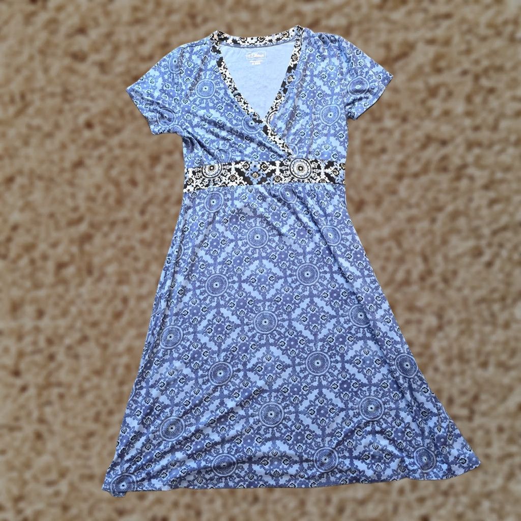 llbean summer knit dress LL Bean Womens Small Blue Floral Geometrc Stretch Casual Burgundy Red