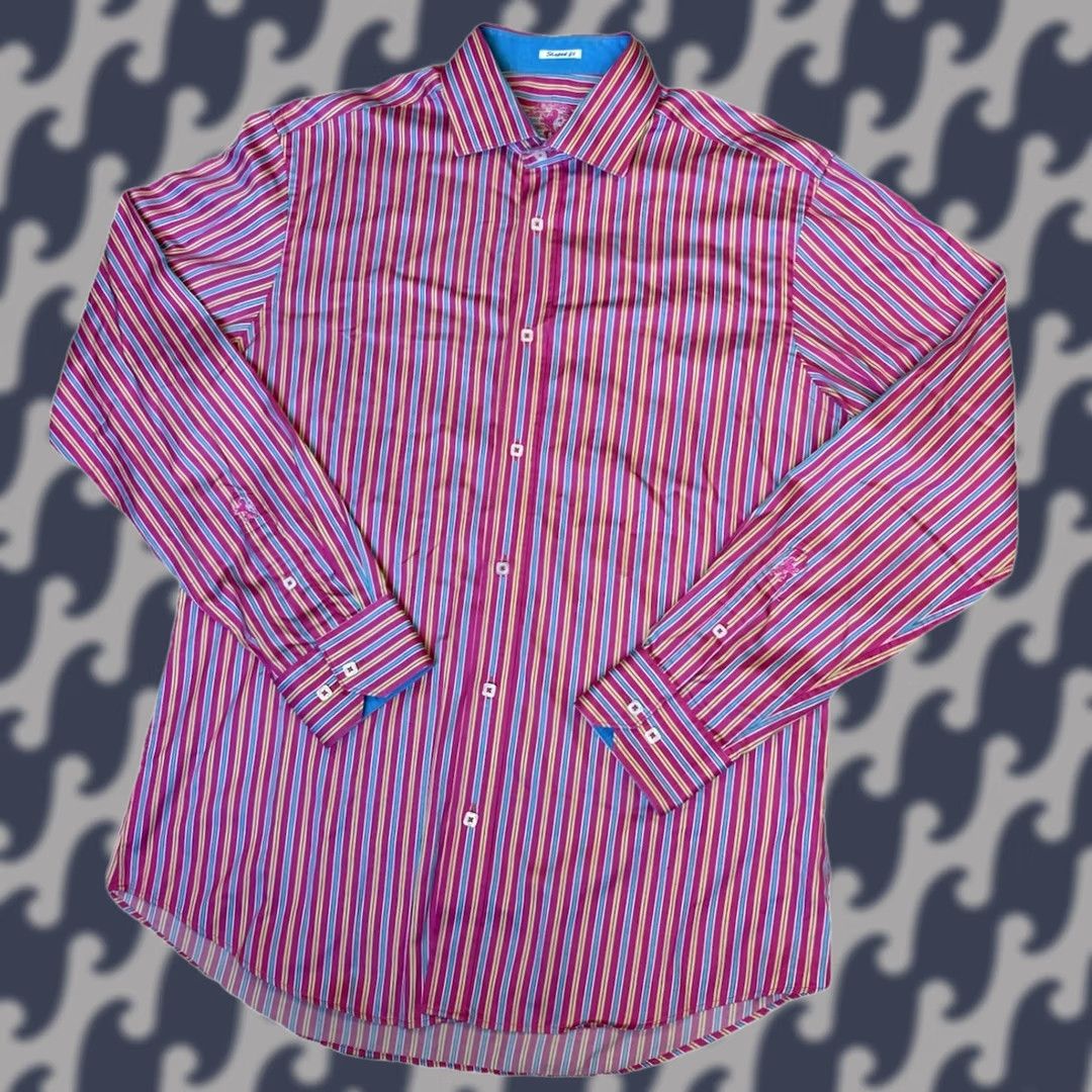 BUGATCHI Bugatchi Shaped Fit Shirt Mens XL Pink Multicolor Striped Button-Up Long Sleeve Size US XL / EU 56 / 4 - 1 Thumbnail