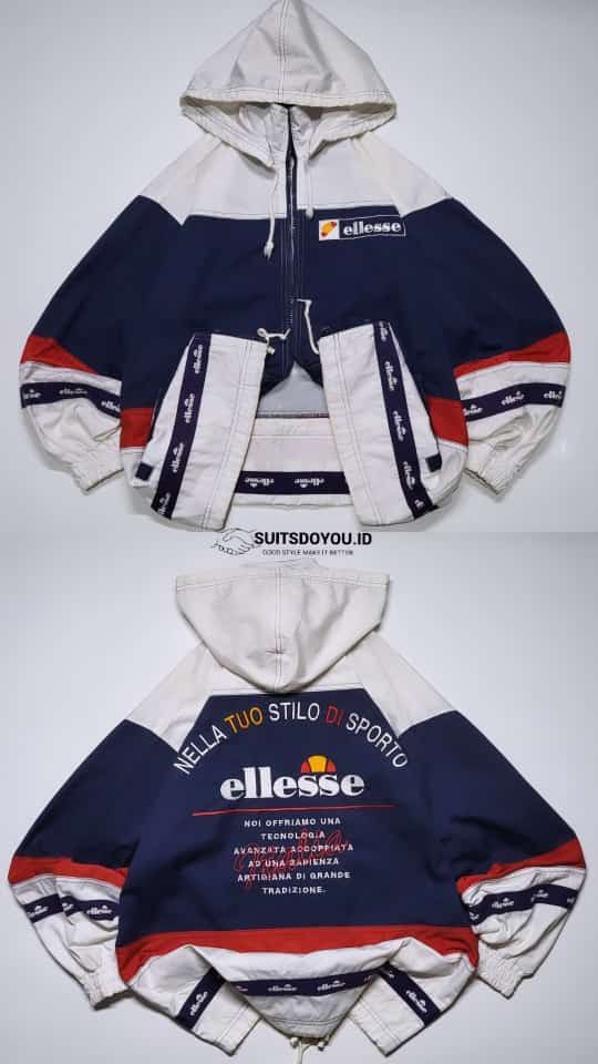 image of Ellesse Perugia Italia Windbreaker Colorblock Jacket VTG in Navy White Red, Men's (Size Small)