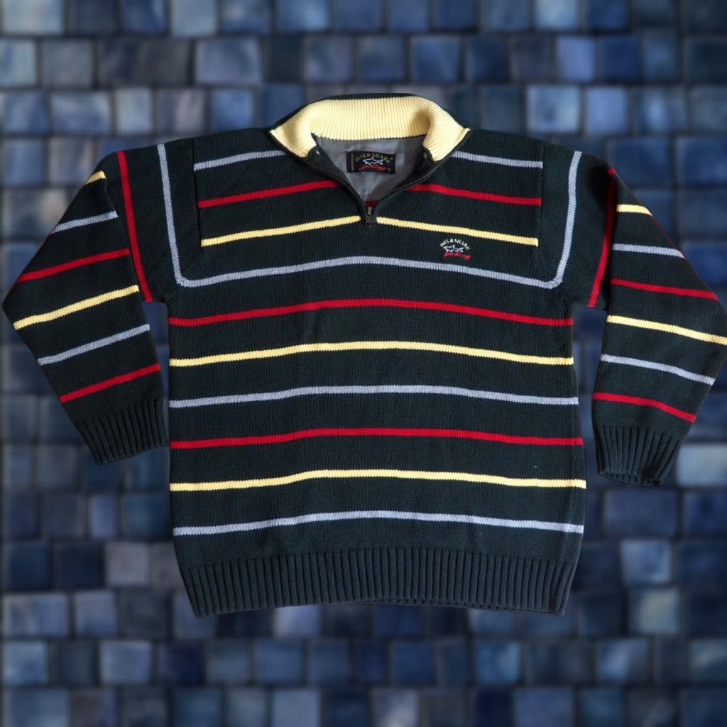 Paul & Shark VTG Paul Shark Yachting Forest Green Striped Cotton 1/4 Zip Pullover XL Sweater Men Size US XL / EU 56 / 4 - 1 Thumbnail