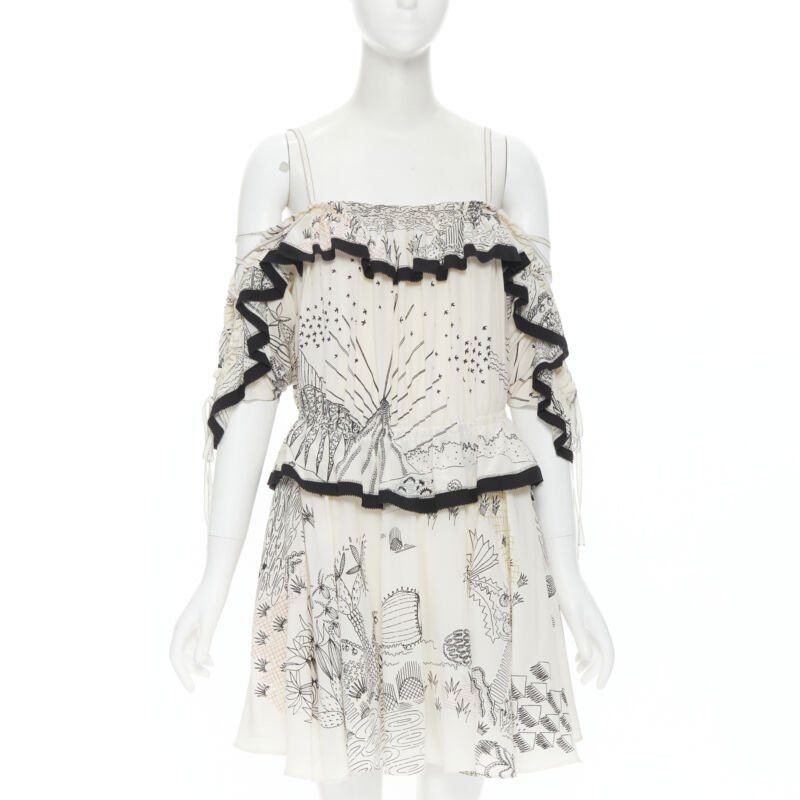 new VALENTINO Garden illustration print silk off shoulder lace up dress IT40 S