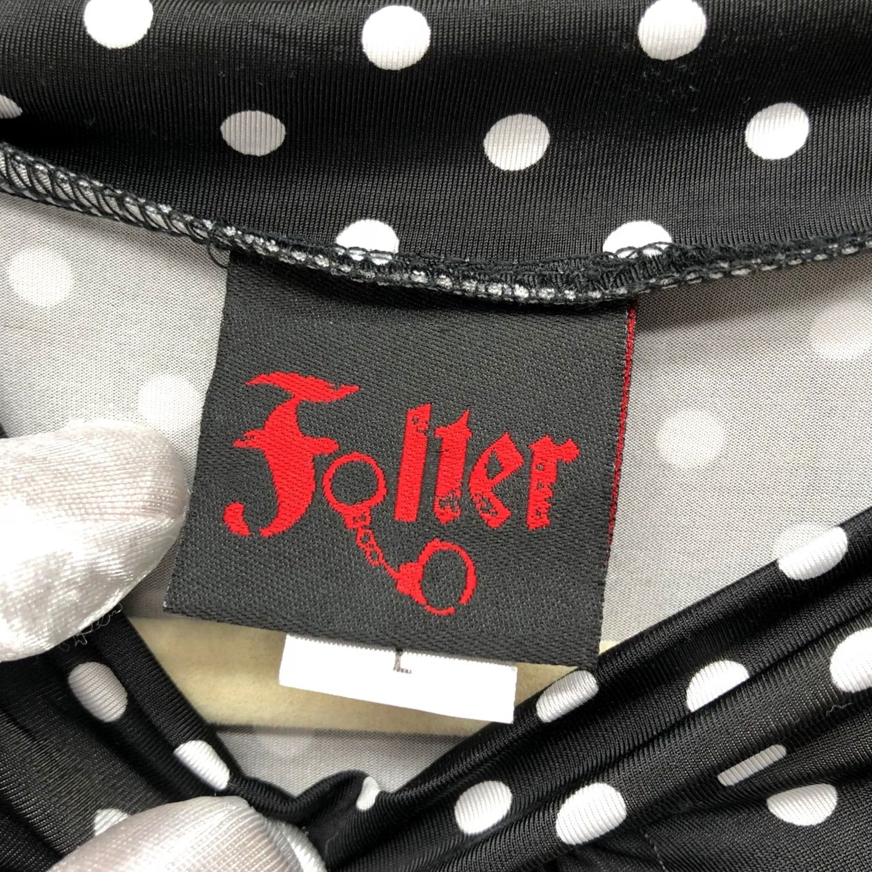Vintage Folter Polka Dot Tie Neck Dress L Black Cap Sleeve Jersey Punk Dress Length Knee Length 90s? Size L / US 10 / IT 46 - 3 Thumbnail