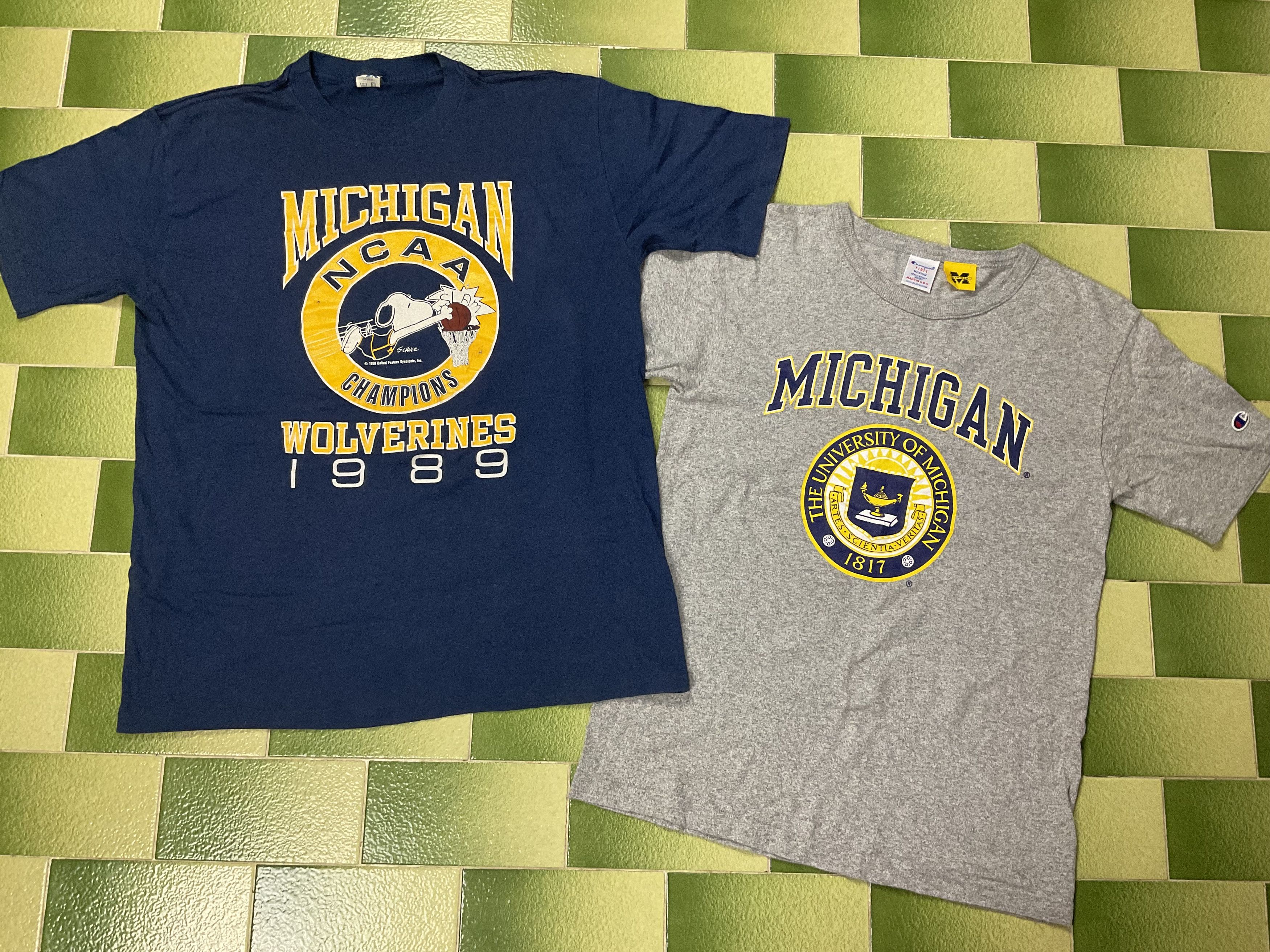 image of Champion x NCAA Two Vintage 1989 Michigan Wolverines Basketball T-Shirt in Navy Blue (Size Large)