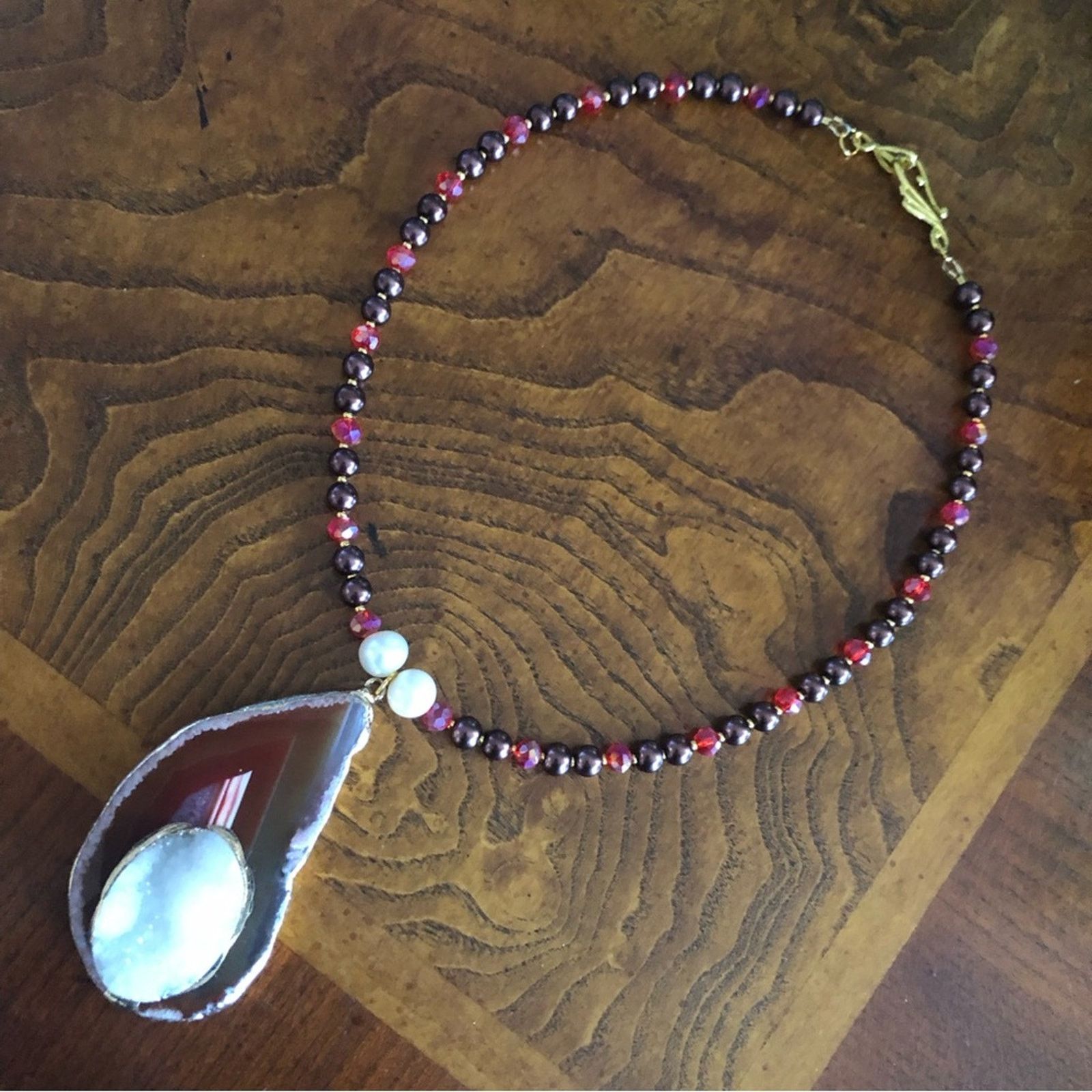 Handmade Handcrafted repurpose drusy agate slab Pearl necklace Size ONE SIZE - 12 Thumbnail