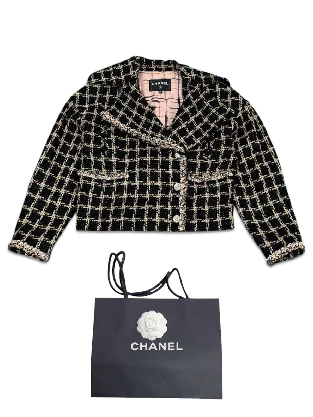 Chanel Chanel 34 Black Silk Plaid Check Tweed Blazer Jacket 2021 Size XS / US 0-2 / IT 36-38 - 1 Thumbnail
