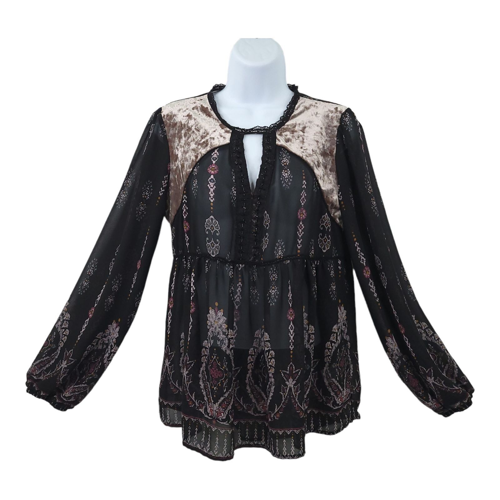 Other Knox Rose Boho Peasant Top M Black Floral Sheer Lace Velvet Size M / US 6-8 / IT 42-44 - 1 Thumbnail