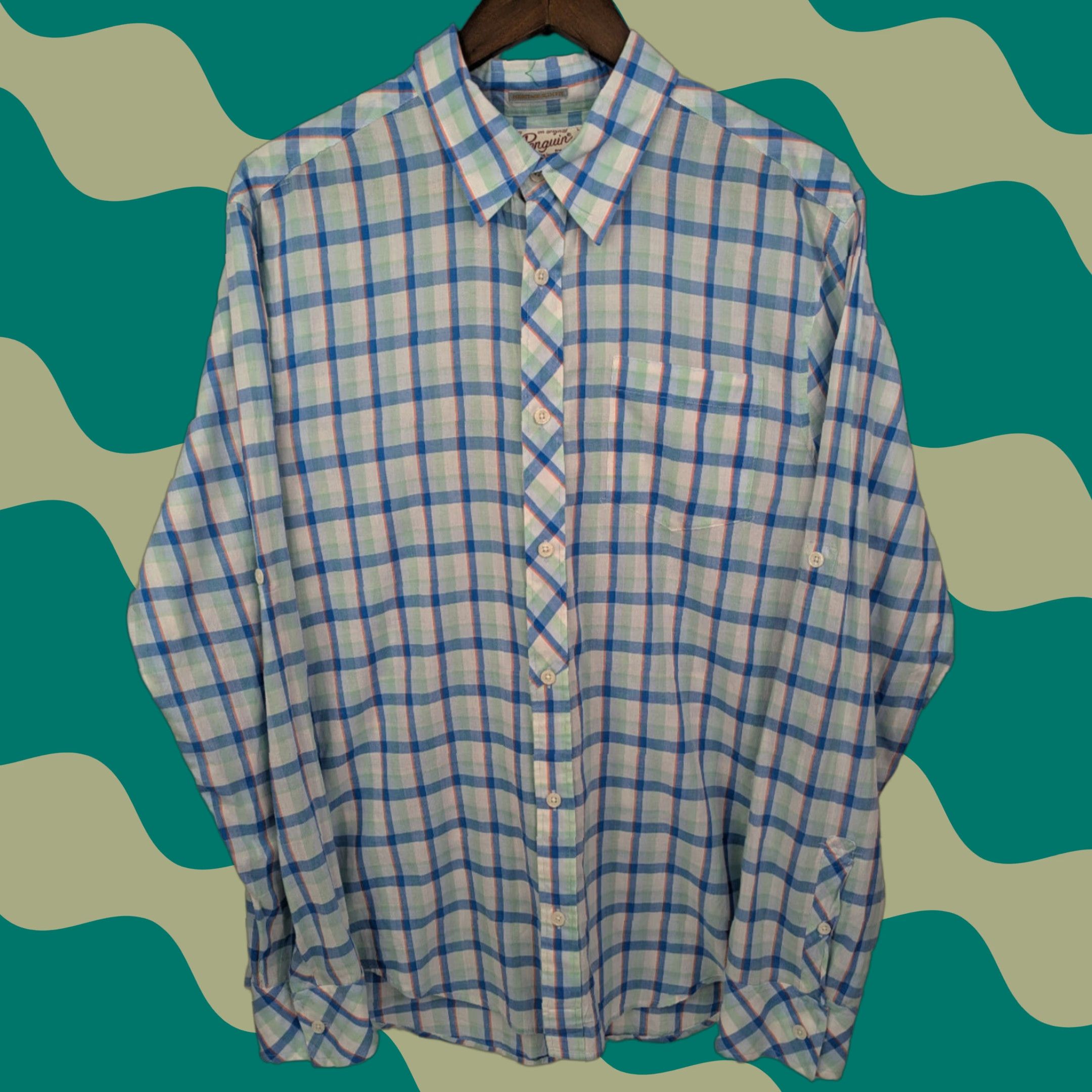Original Penguin VINTAGE Original Penguin Penguin Heritage Slim Fit Mens Large Shirt Long Sleeve Button Blue Plaid Size US L / EU 52-54 / 3 - 1 Thumbnail