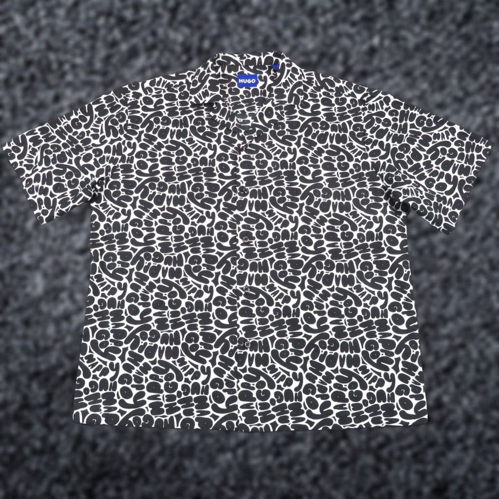 Hugo Boss HUGO Shirt Mens L Oversized All Over Graphic Logo Print Camp Collar Poplin Shirt Mens L Black Graphic Print All Seasons Oversized HUGO BOSS Mens Shirt Size US L / EU 52-54 / 3 - 1 Thumbnail