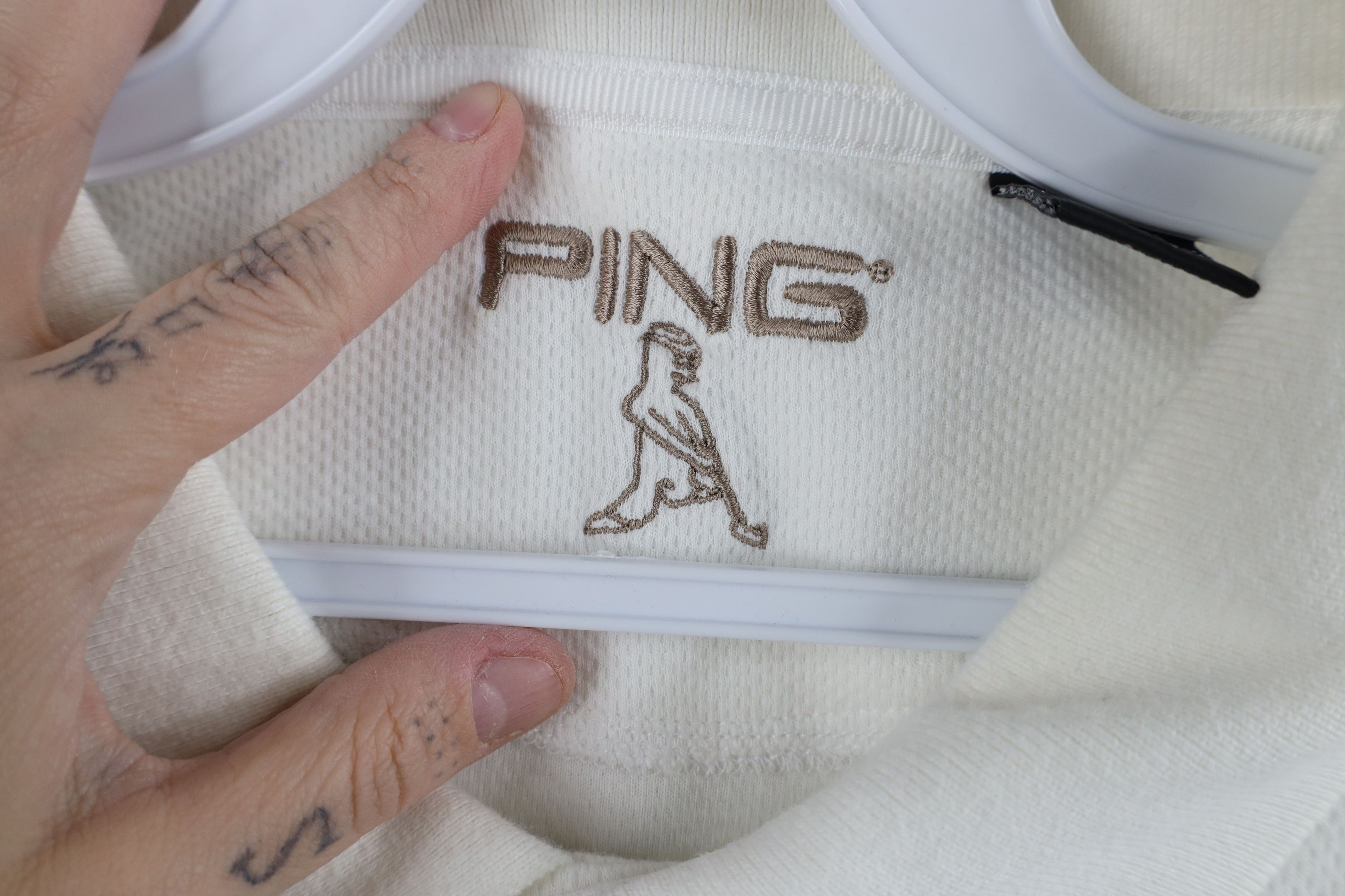 PING × Vintage Vintage 90s Ping Golf Thermal Knit Collared Polo Shirt White Size US L / EU 52-54 / 3 - 8 Thumbnail