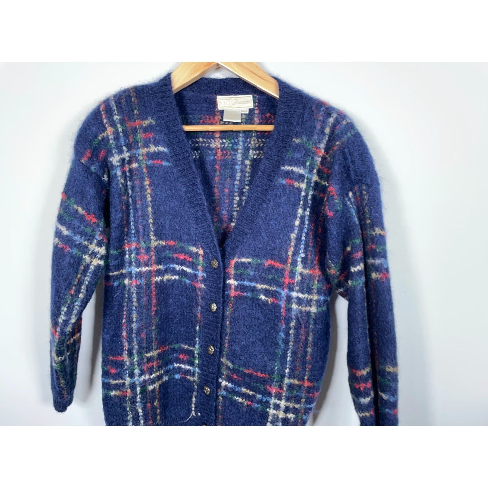 Vintage VINTAGE ID Distinction Cardigan Sweater Dark Blue Check Mohair Blend Women's Medium 90s Retro Knit Shoulder Pads Button Front Knitwear Size M / US 6-8 / IT 42-44 - 4 Thumbnail