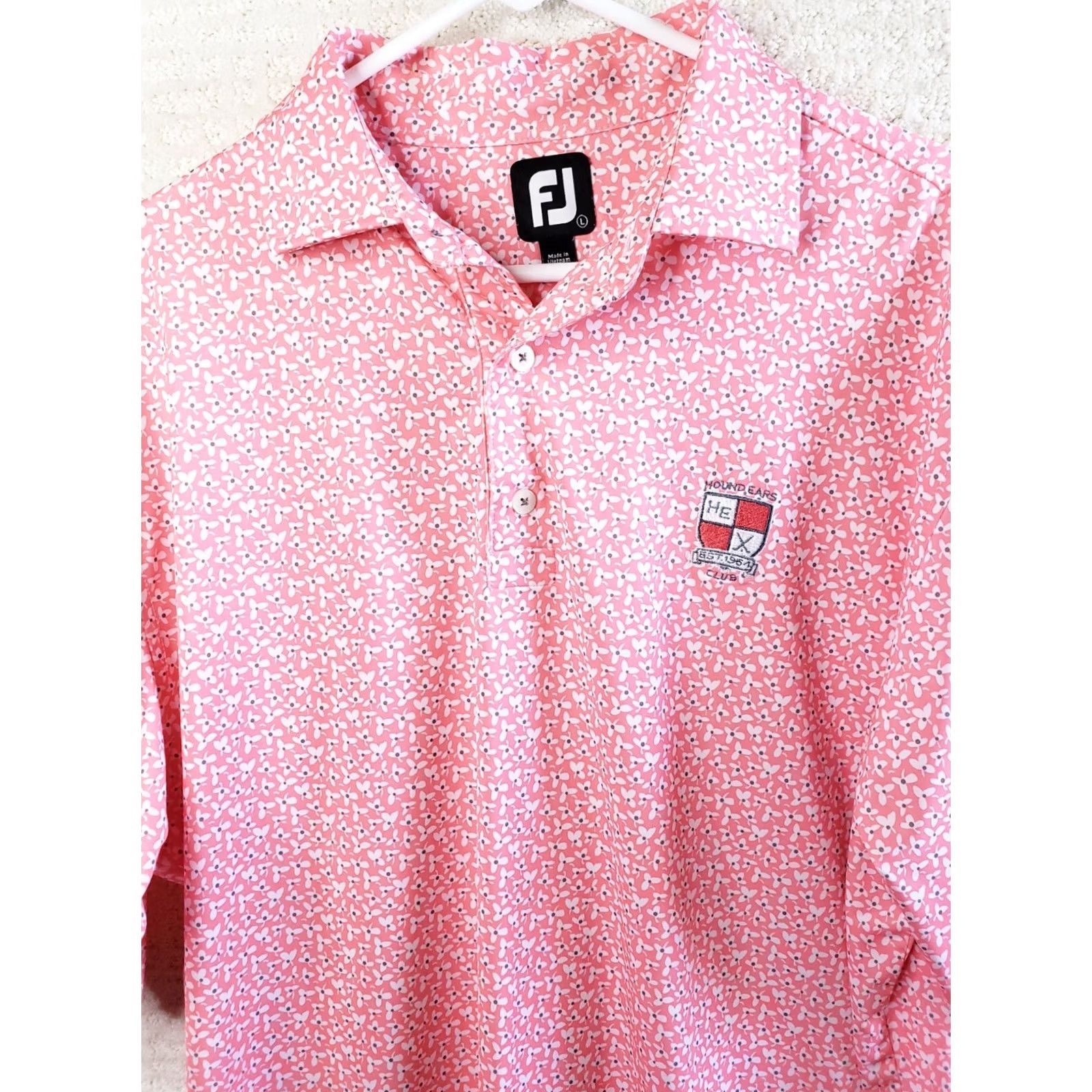 Footjoy FootJoy Polo Shirt Pink Floral All Over Men L Short Sleeve Golf Casual Logo 88% Polyester 12% Spandex Size US L / EU 52-54 / 3 - 3 Thumbnail