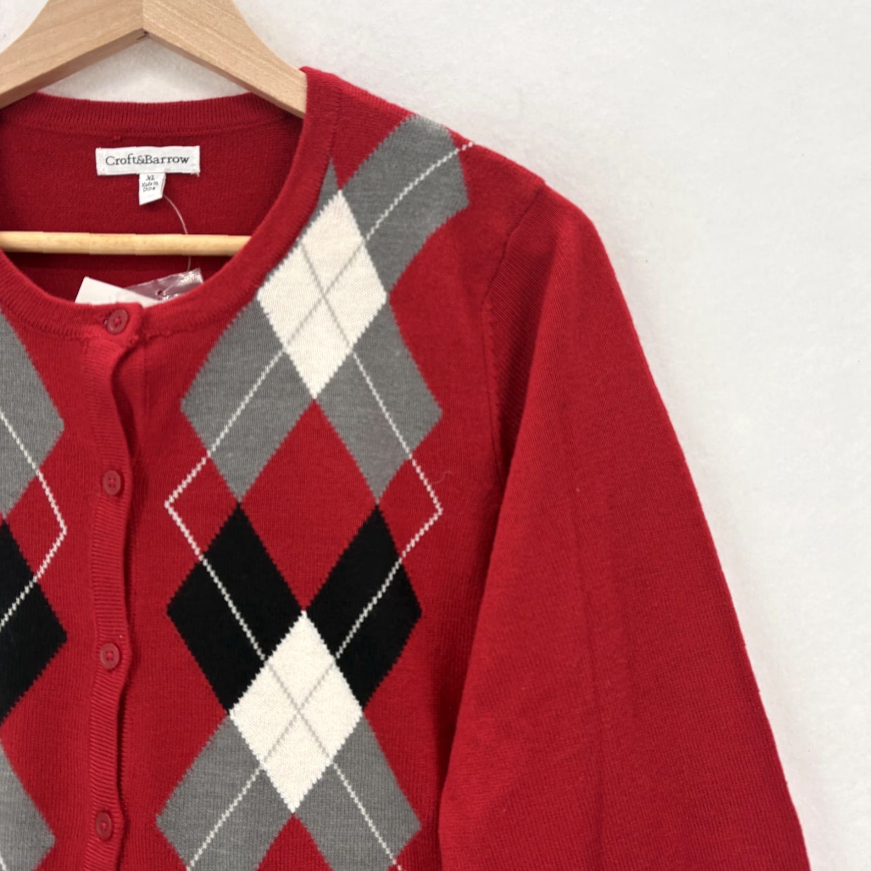 Croft & Barrow Croft & Barrow Cardigan Womens XL Red Argyle Print Button Front Retro Size XL / US 12-14 / IT 48-50 - 2 Thumbnail