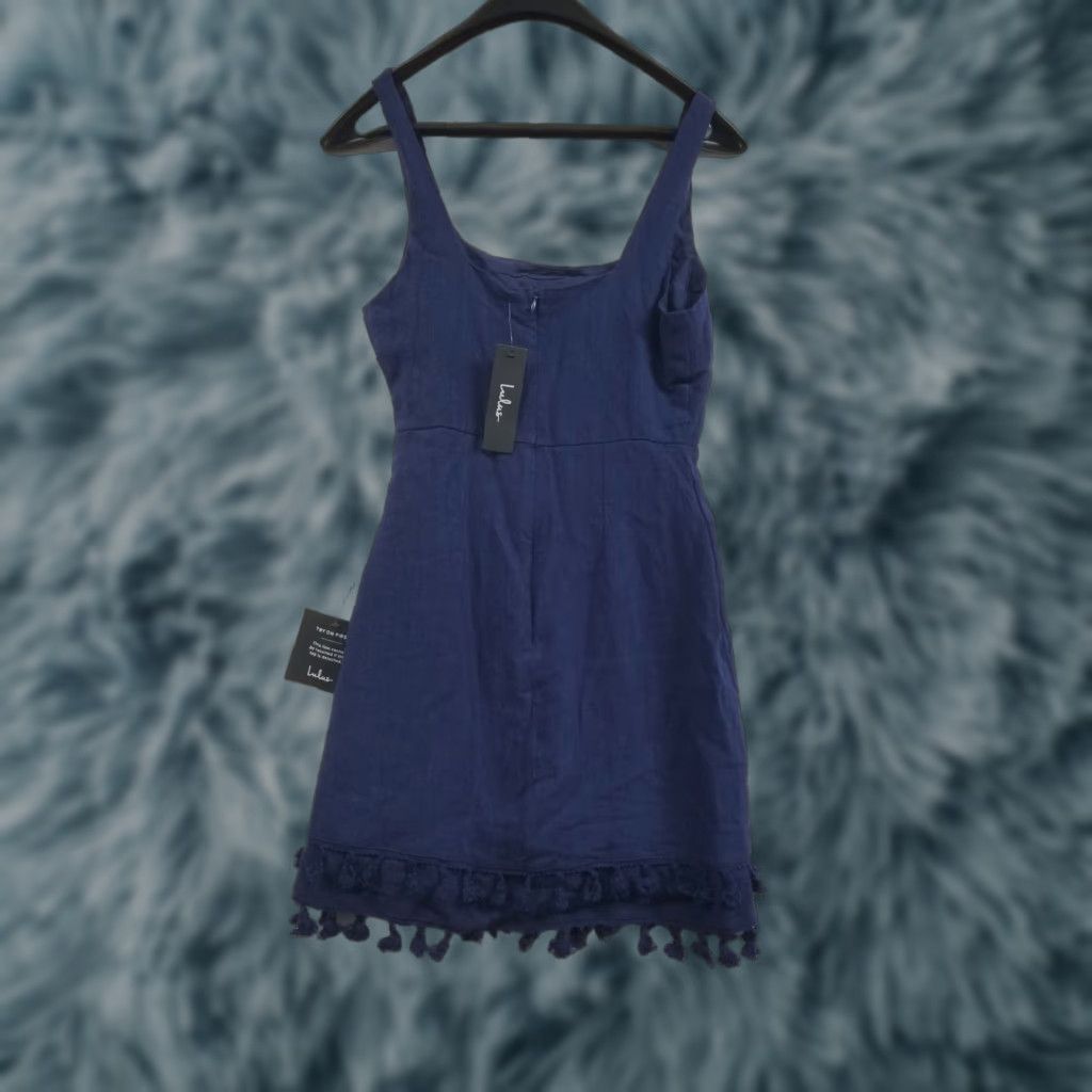 Lulus Lulus Linen Blend Tank Dress Women's Small Blue Fringe Hem Sleeveless Short Dress 90s Bohemian Beach Casual Party/Cocktail Size S / US 4 / IT 40 - 1 Thumbnail