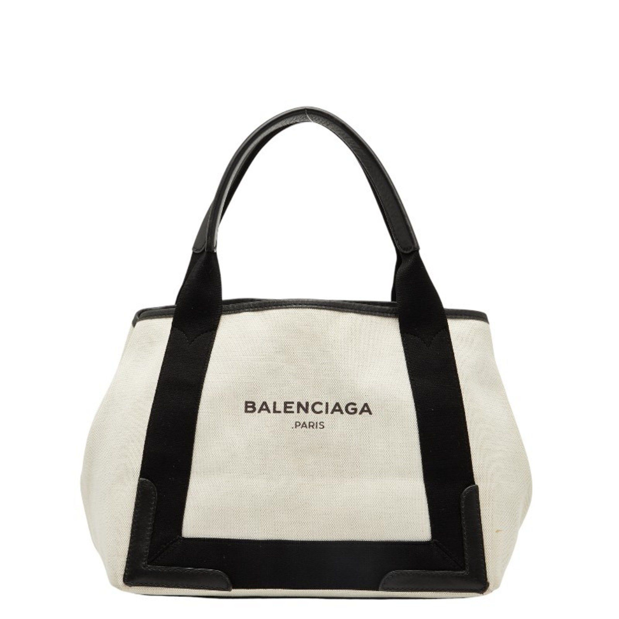 Balenciaga Navy Cabas Small Handbag 339933 in Beige and Black Canvas Leather. Women's.