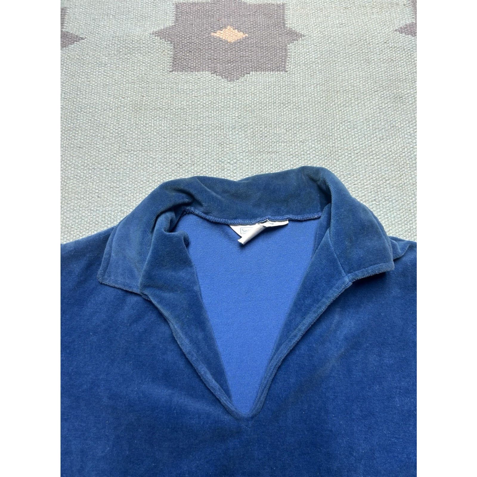 Sears VINTAGE Sears Shirt Adult Women 70s Velour Blue Long Sleeve Open Neck Size 16 Size XXL / US 16-18 / IT 52-54 - 4 Thumbnail