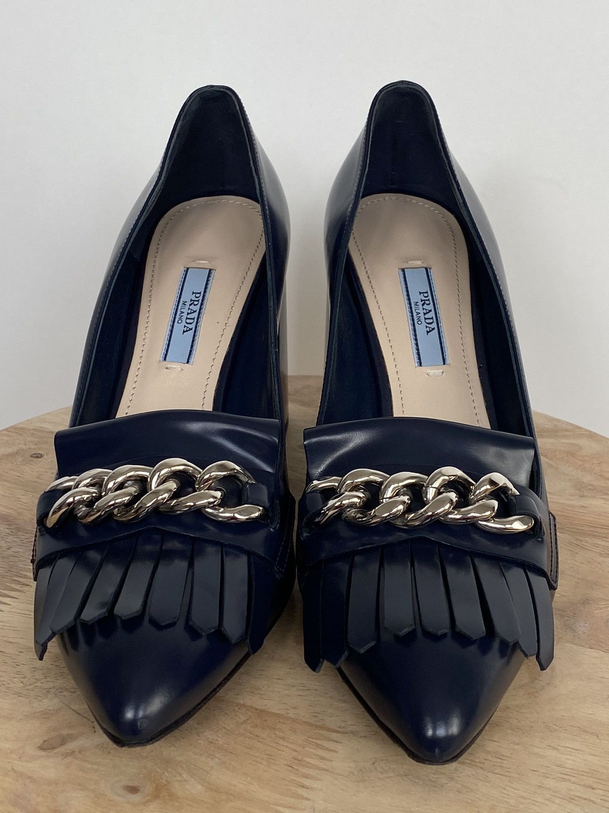Prada Prada Heeled Leather Navy Loafers Chain Size US 8.5 / IT 38.5 - 3 Thumbnail