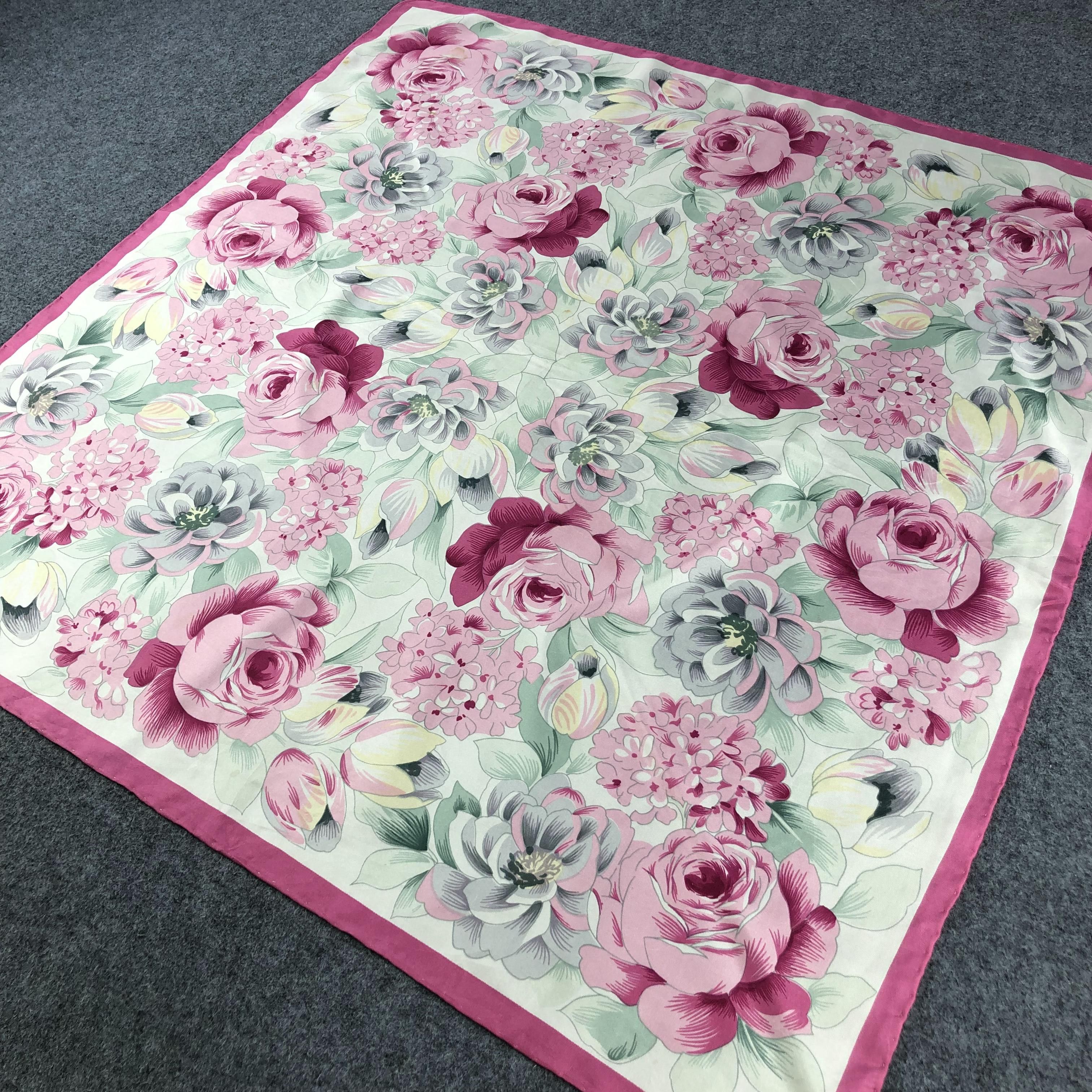 Japanese Brand Vintage Luxury Floral Pink Hand Rolled Silk Scarf M375 Size ONE SIZE - 3 Thumbnail
