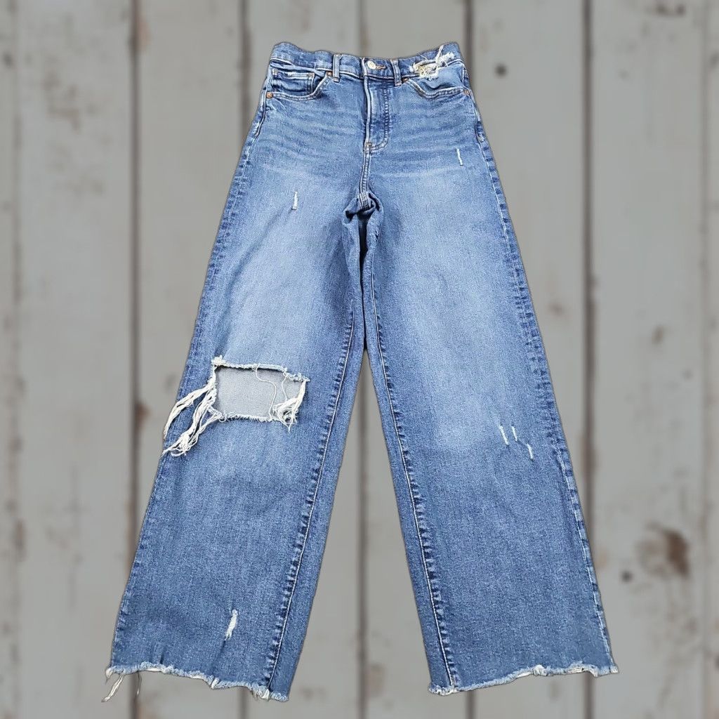 Express VINTAGE Express Jeans Womens Wide-Leg High Rise Distressed Stretch Denim 90s 23x27 Size 26" / US 2 / IT 38 - 1 Thumbnail